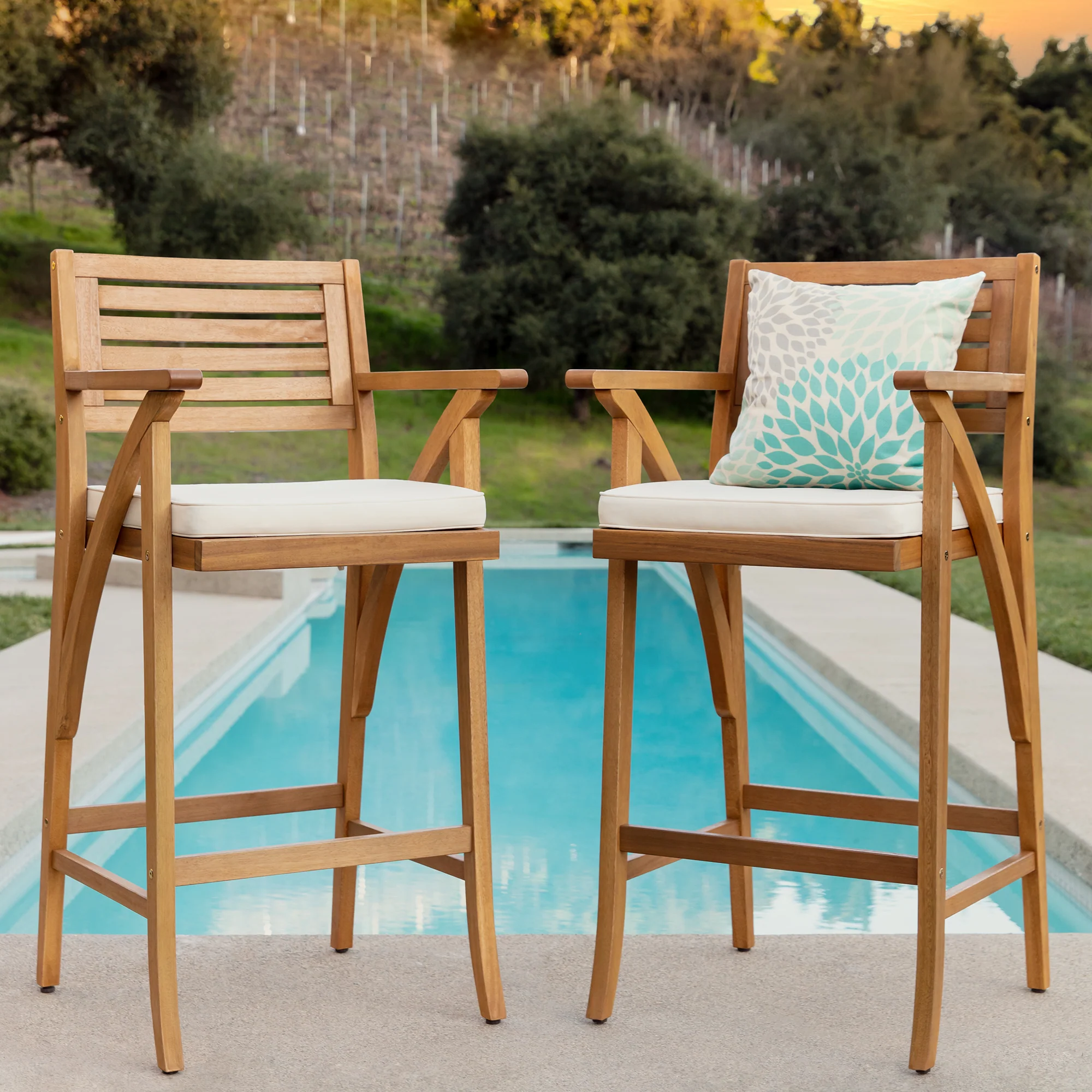 Set of 2 Outdoor Acacia Wood Bar Stools Chairs w/ Weather-Resistant Cushions - Image 30