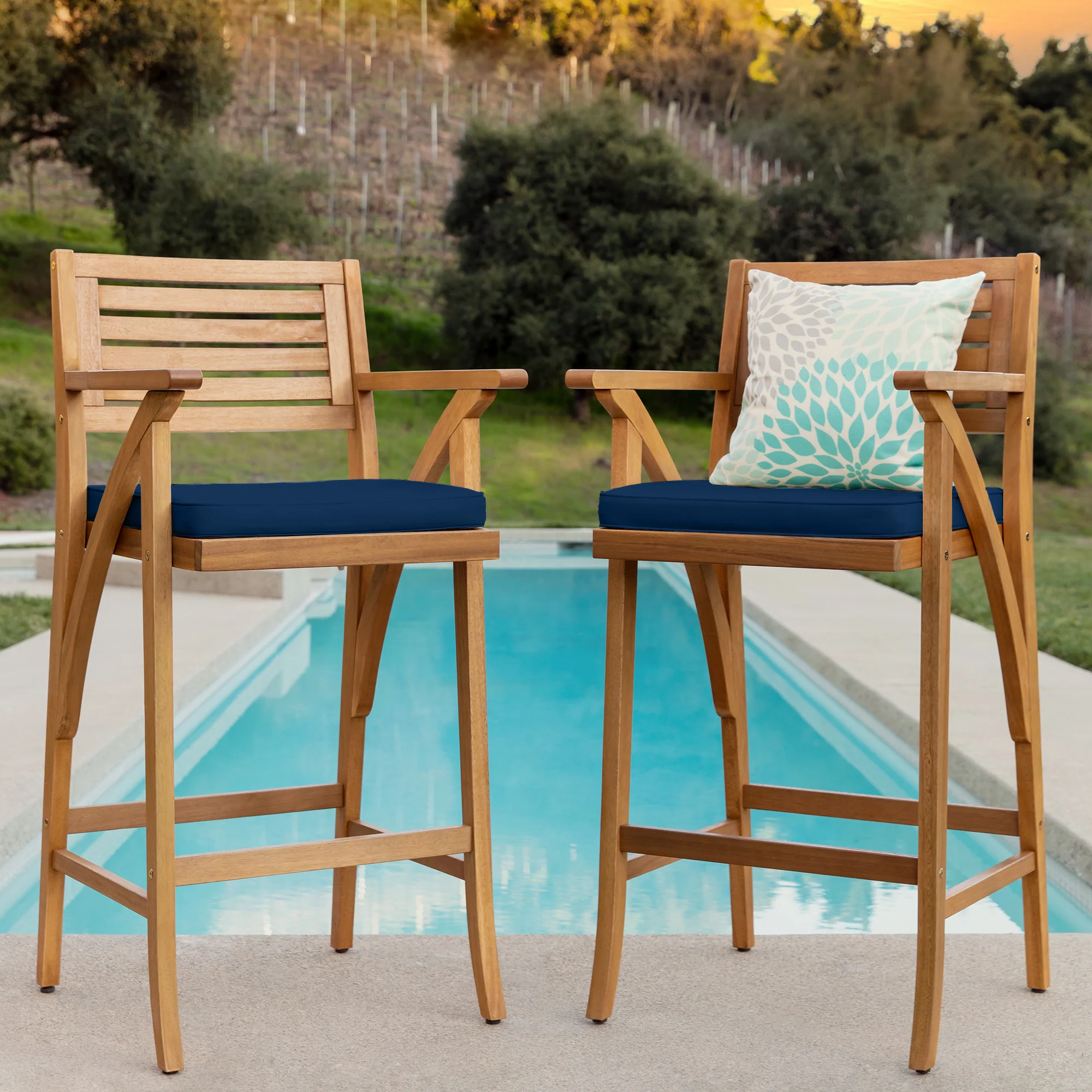 Set of 2 Outdoor Acacia Wood Bar Stools Chairs w/ Weather-Resistant Cushions - Image 38
