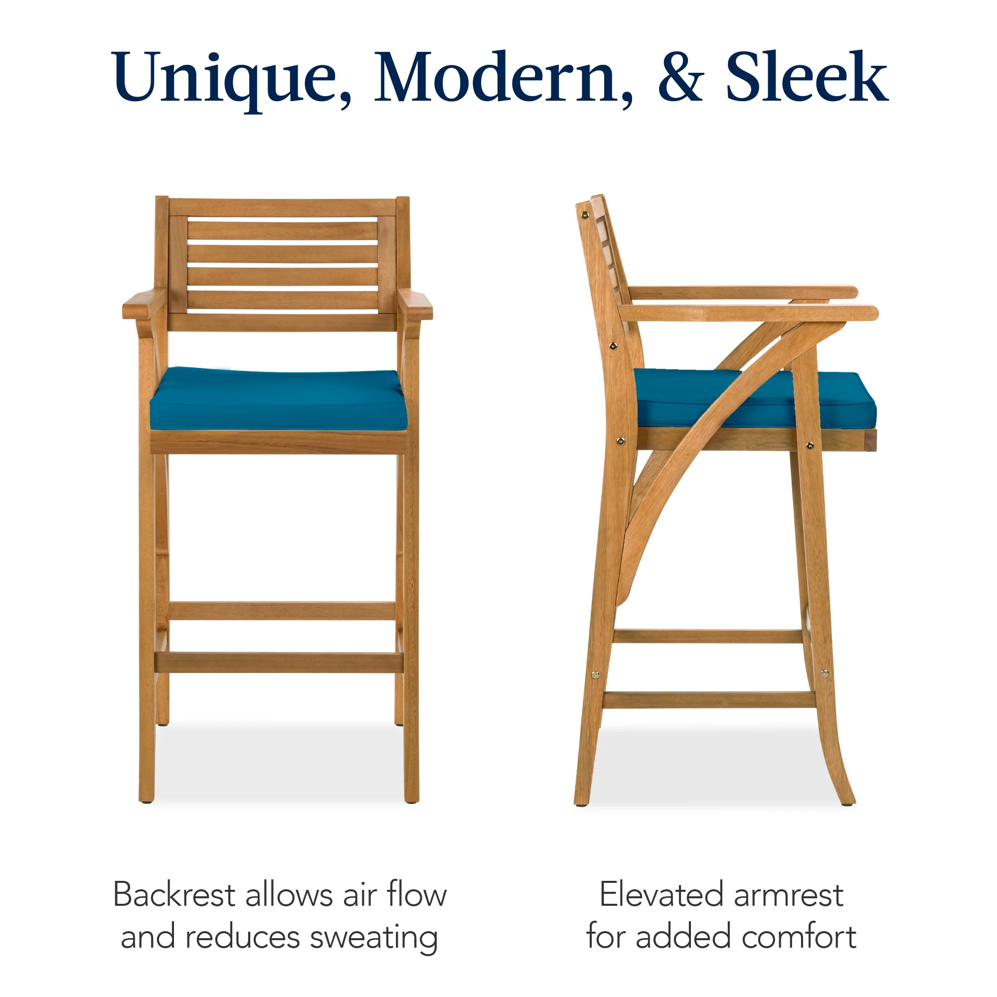 Set of 2 Outdoor Acacia Wood Bar Stools Chairs w/ Weather-Resistant Cushions - Image 4
