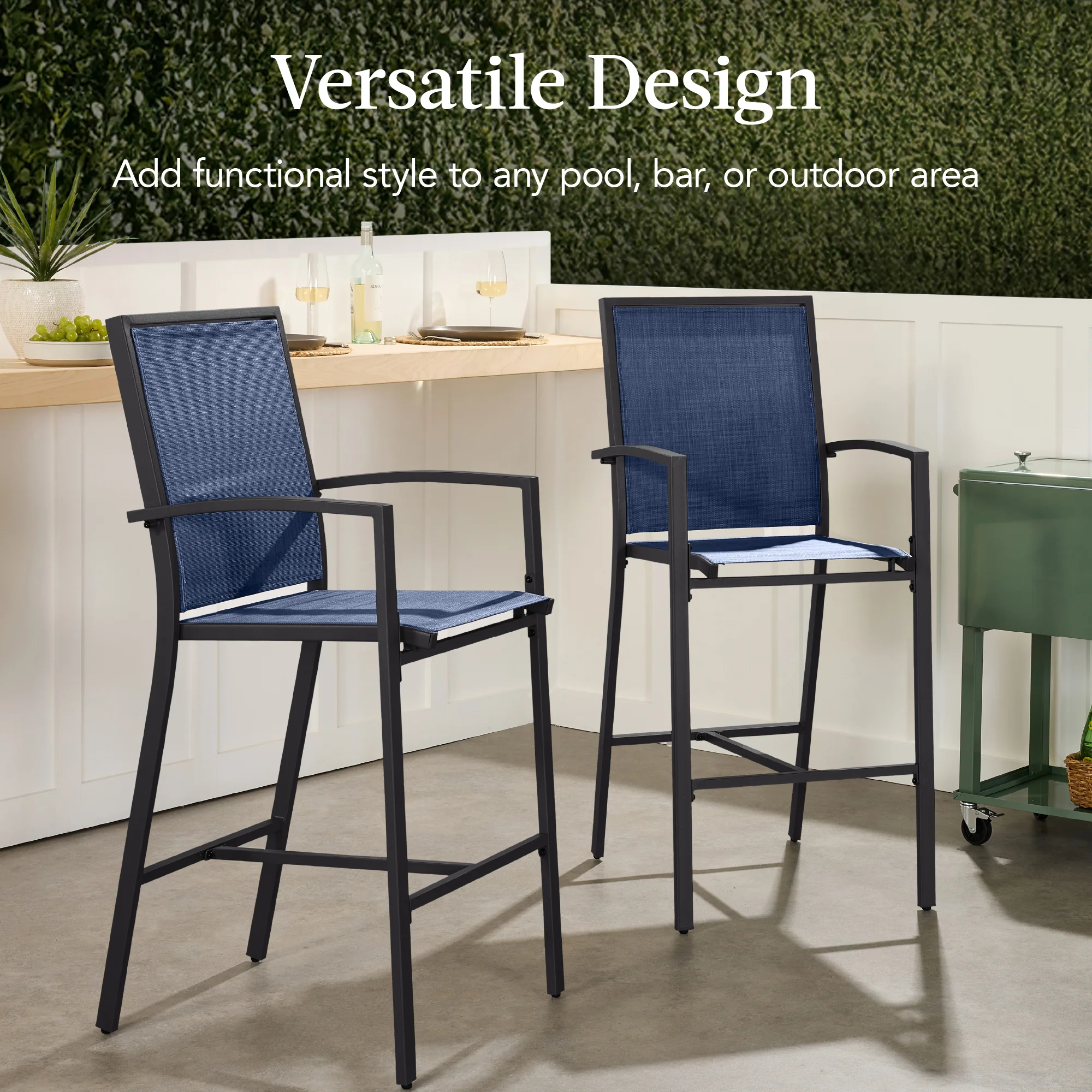 Set of 2 Outdoor Barstools, Patio Chairs w/ Footrests, All-Weather Mesh - Image 20