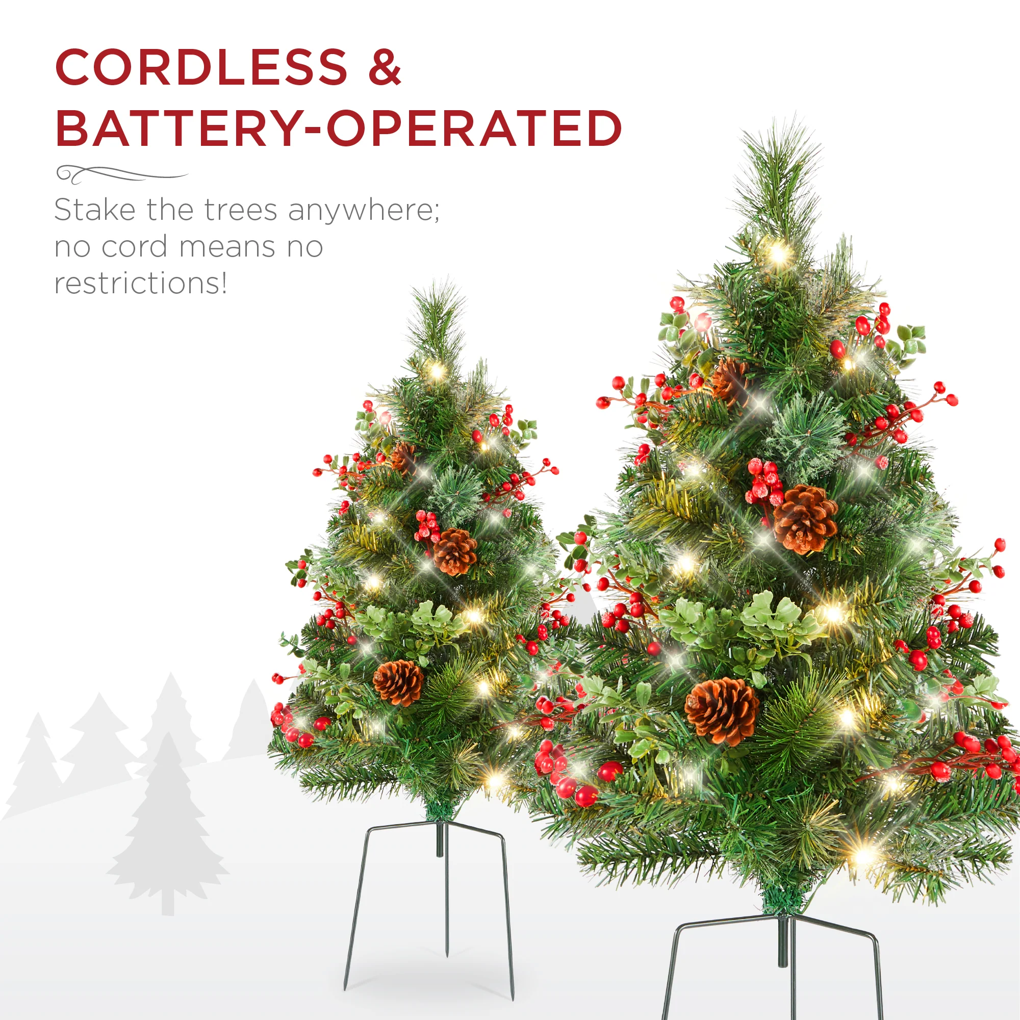 Set of 2 Pre-Lit Pathway Christmas Trees w/ Pine Cones, Timer - 24.5in - Image 13