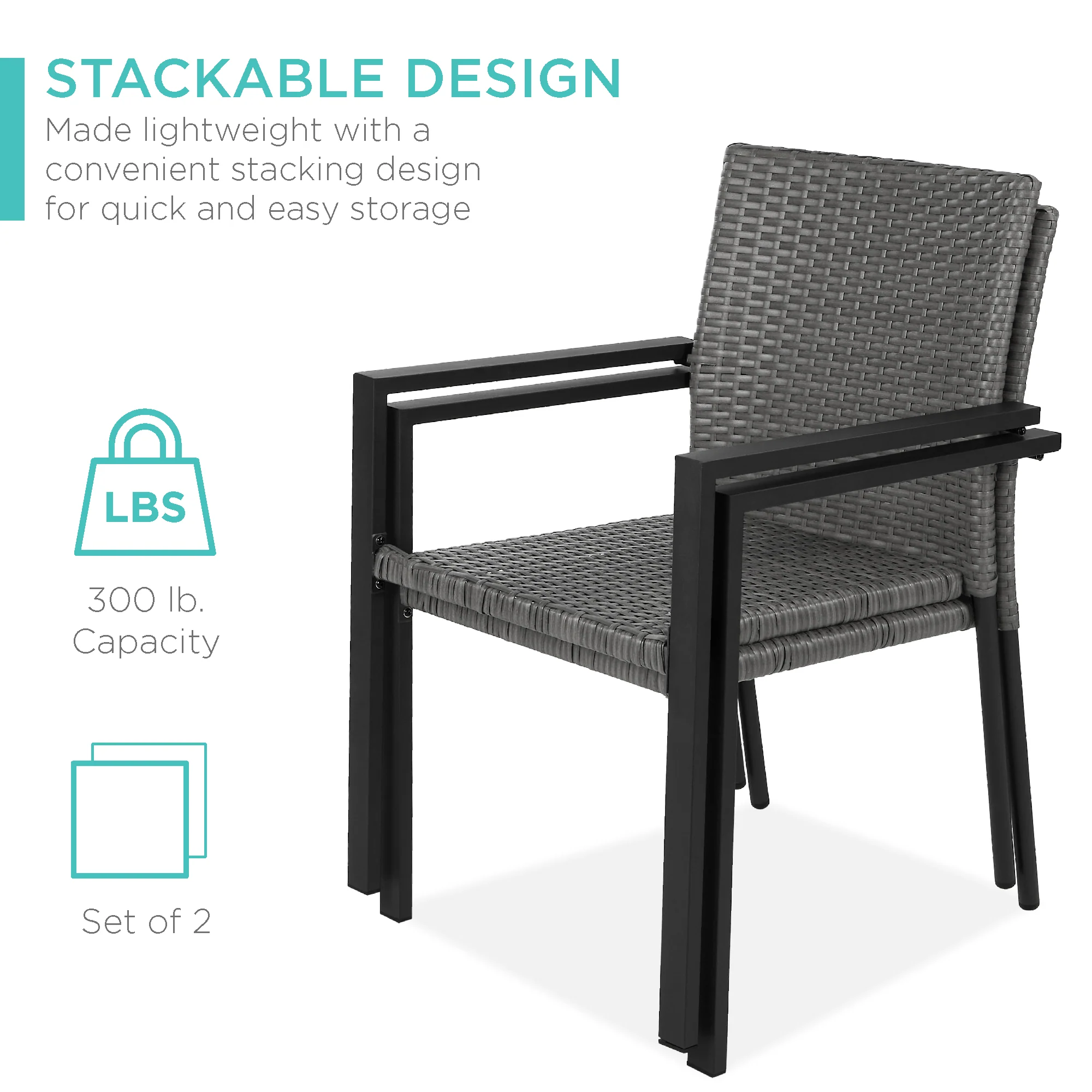 Set of 2 Stackable Wicker Chairs w/ Armrests, Steel Accent Furniture - Image 10