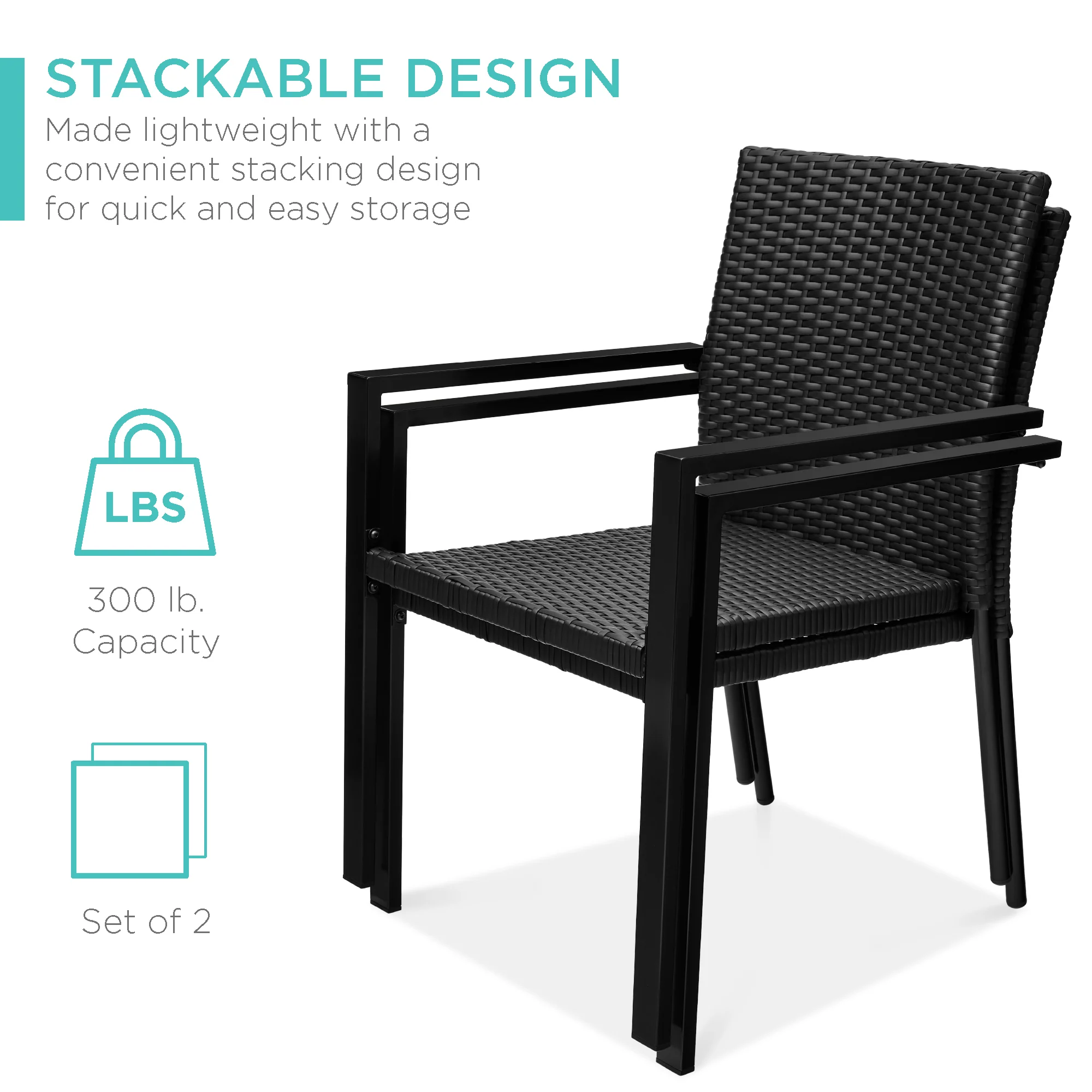 Set of 2 Stackable Wicker Chairs w/ Armrests, Steel Accent Furniture - Image 24