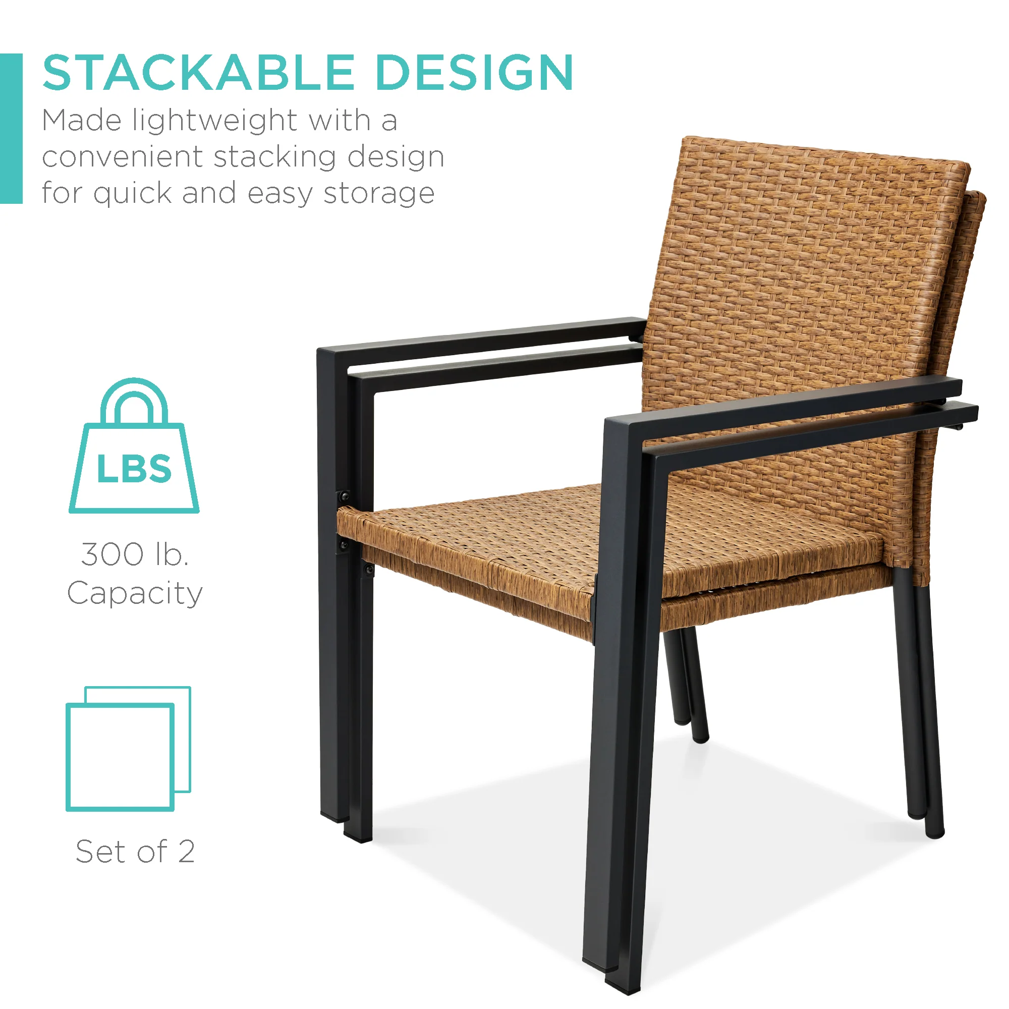 Set of 2 Stackable Wicker Chairs w/ Armrests, Steel Accent Furniture - Image 38