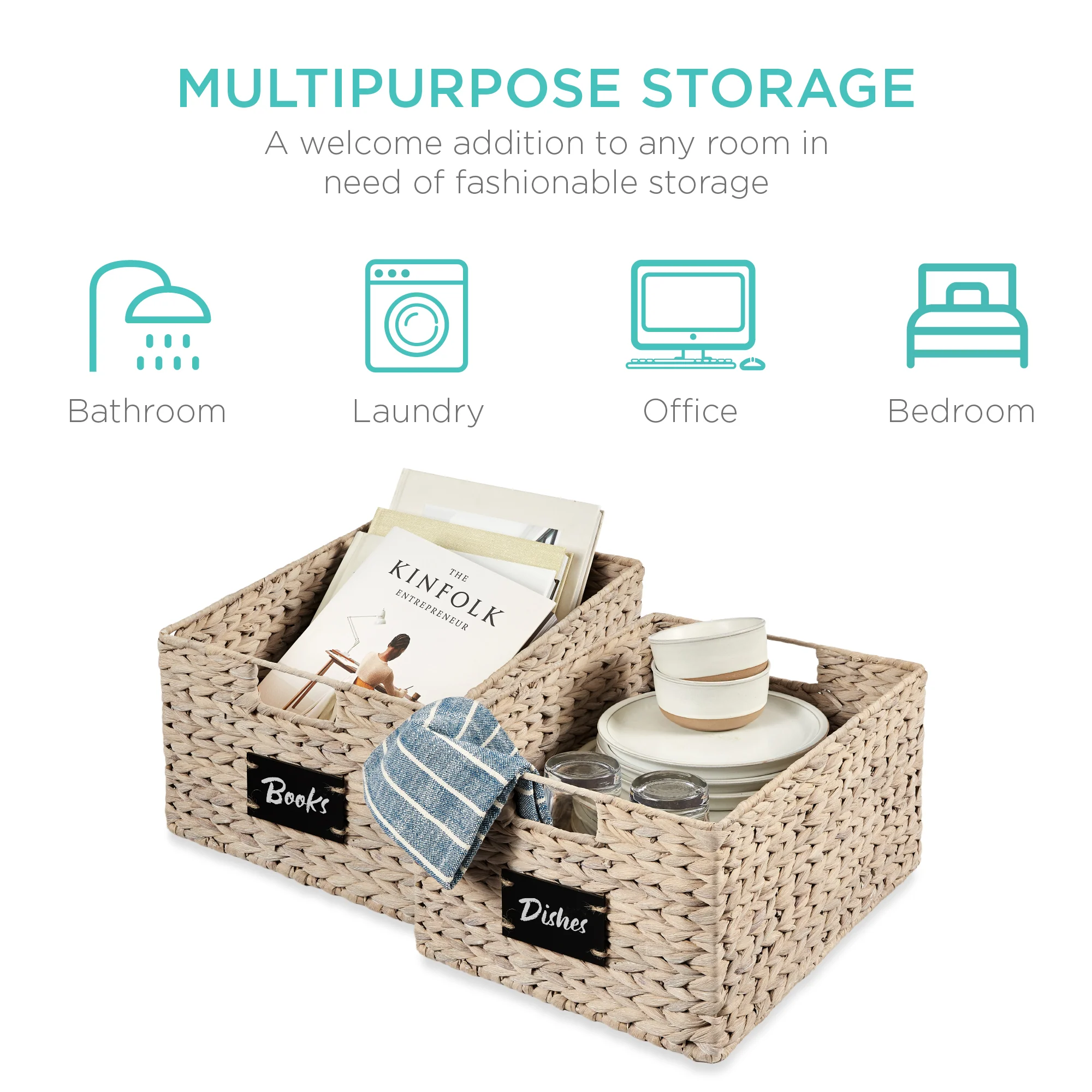 Set of 2 Water Hyacinth Pantry Baskets w/ Chalkboard, Marker - 16in - Image 20