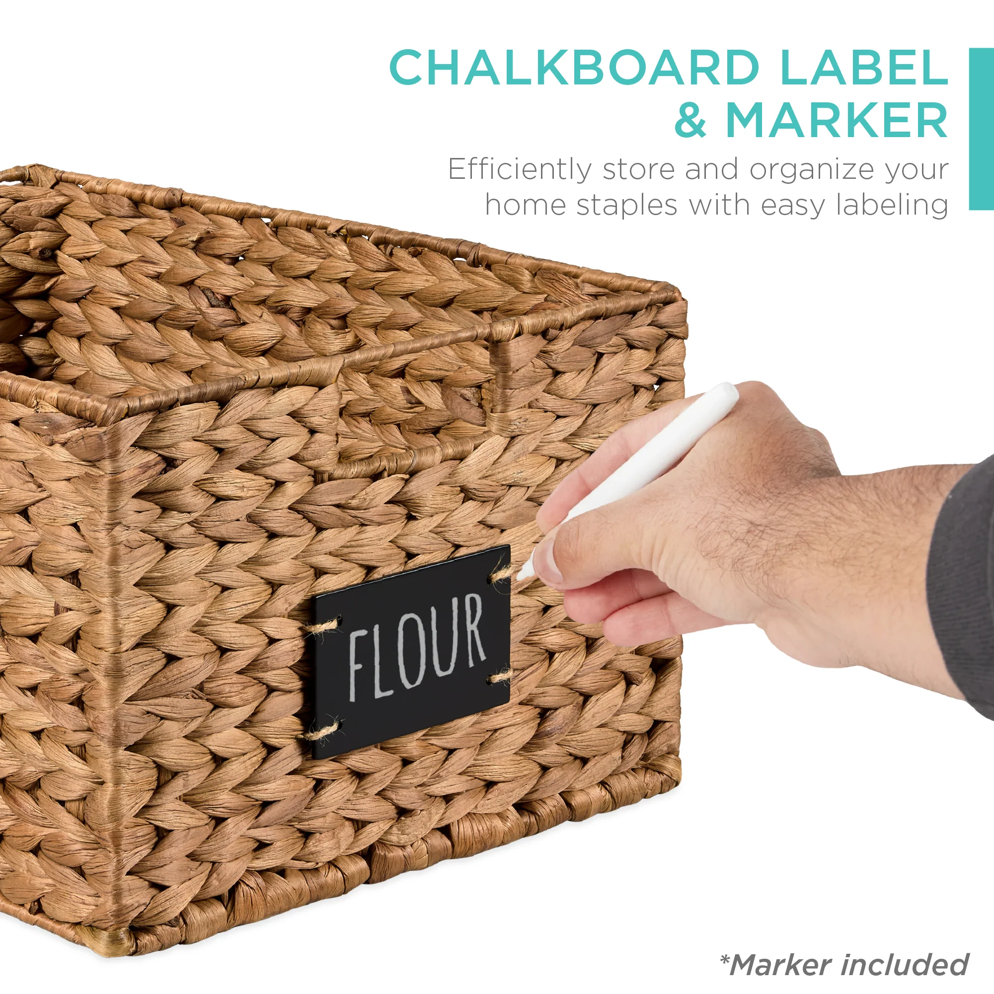 Set of 2 Water Hyacinth Pantry Baskets w/ Chalkboard, Marker - 16in - Image 37