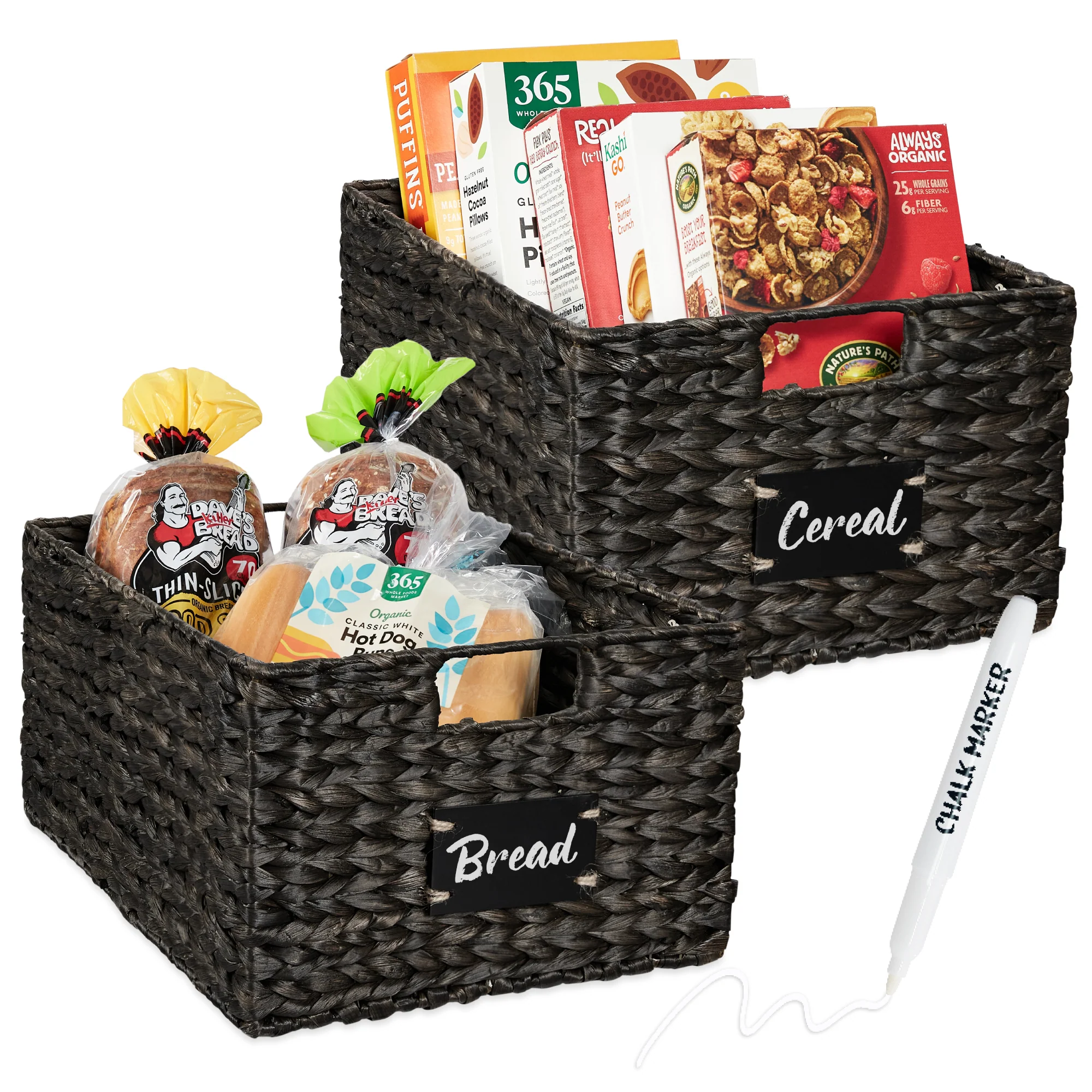 Set of 2 Water Hyacinth Pantry Baskets w/ Chalkboard, Marker - 16in - Image 8