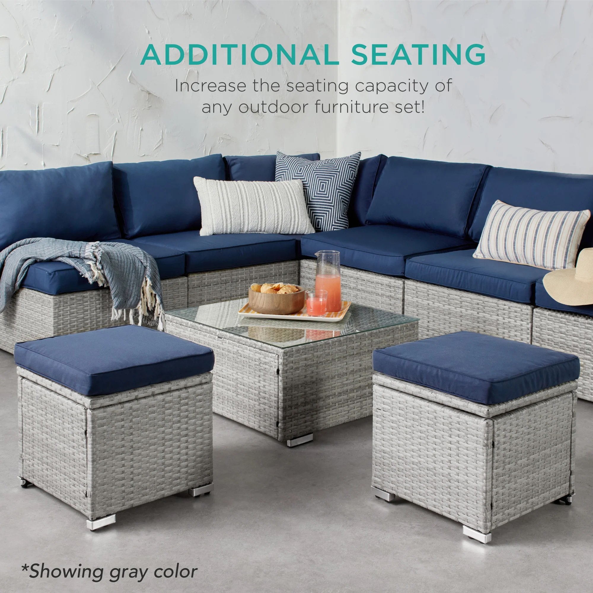 Set of 2 Wicker Ottomans, Multipurpose w/ Removable Cushions, Steel Frame - Image 103