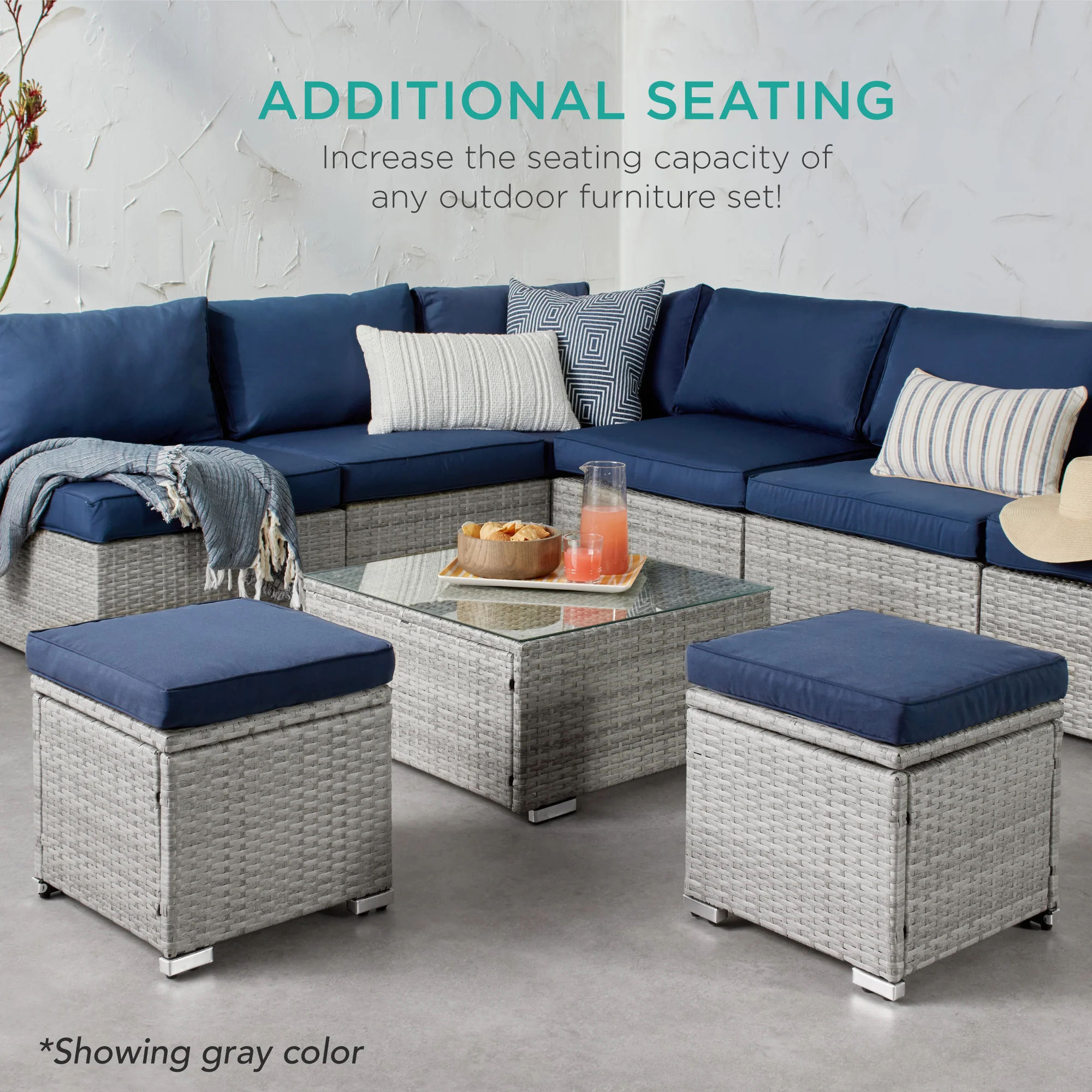 Set of 2 Wicker Ottomans, Multipurpose w/ Removable Cushions, Steel Frame - Image 75