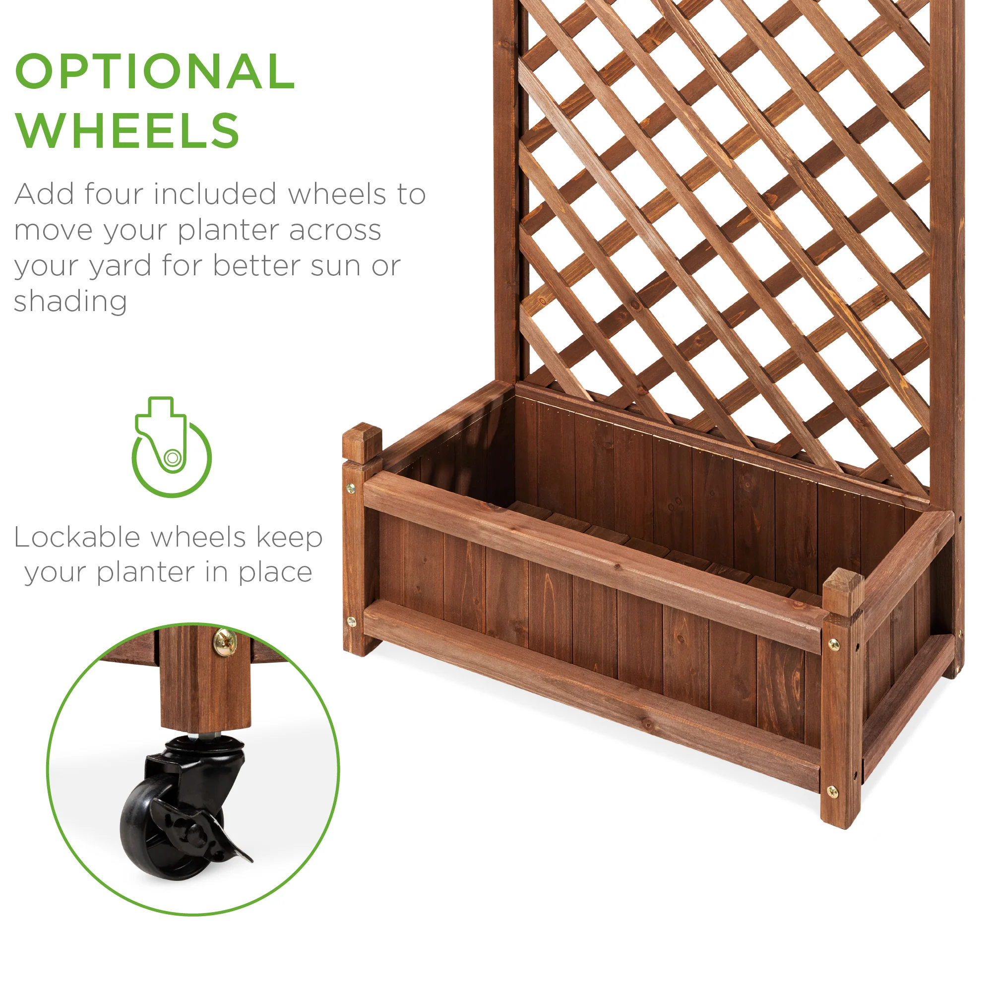 Set of 2 Wood Planter Box & Lattice Trellis w/ Optional Wheels - 48in - Image 11