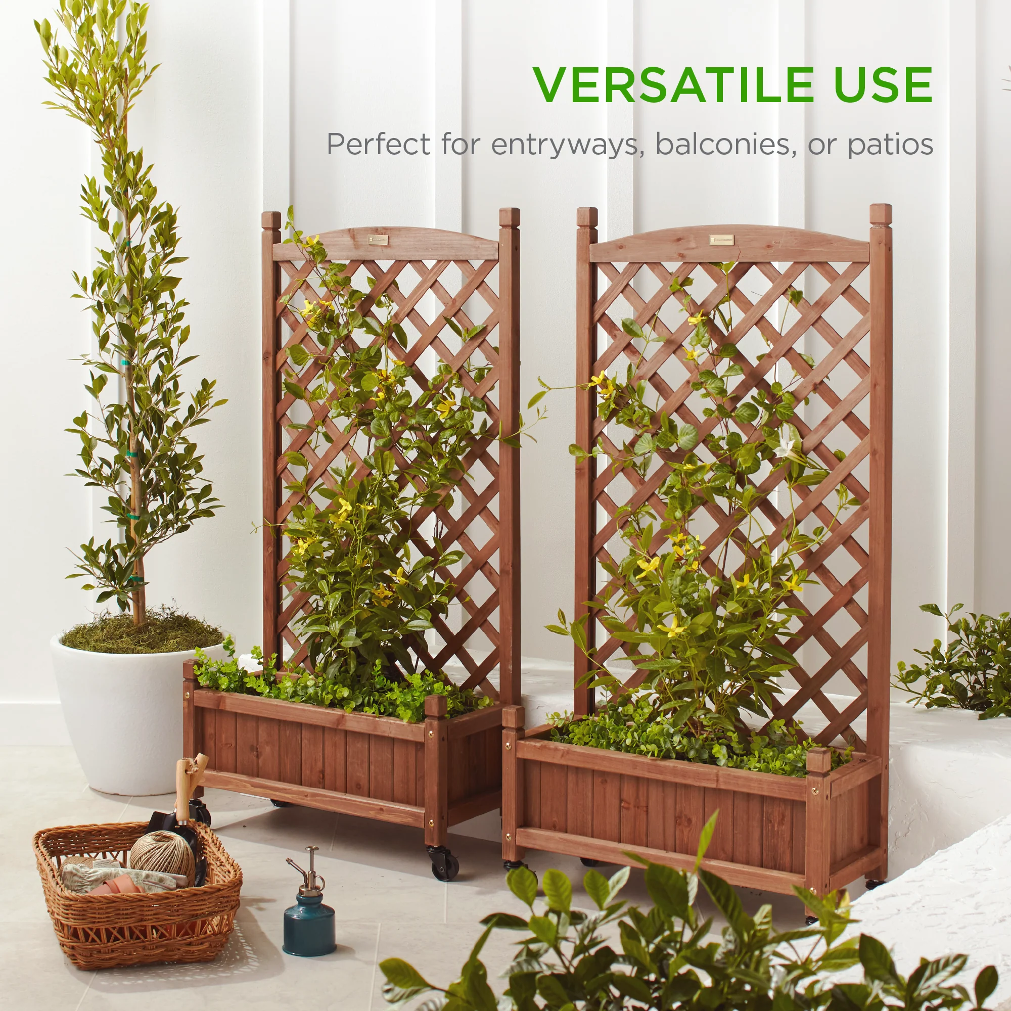 Set of 2 Wood Planter Box & Lattice Trellis w/ Optional Wheels - 48in - Image 13