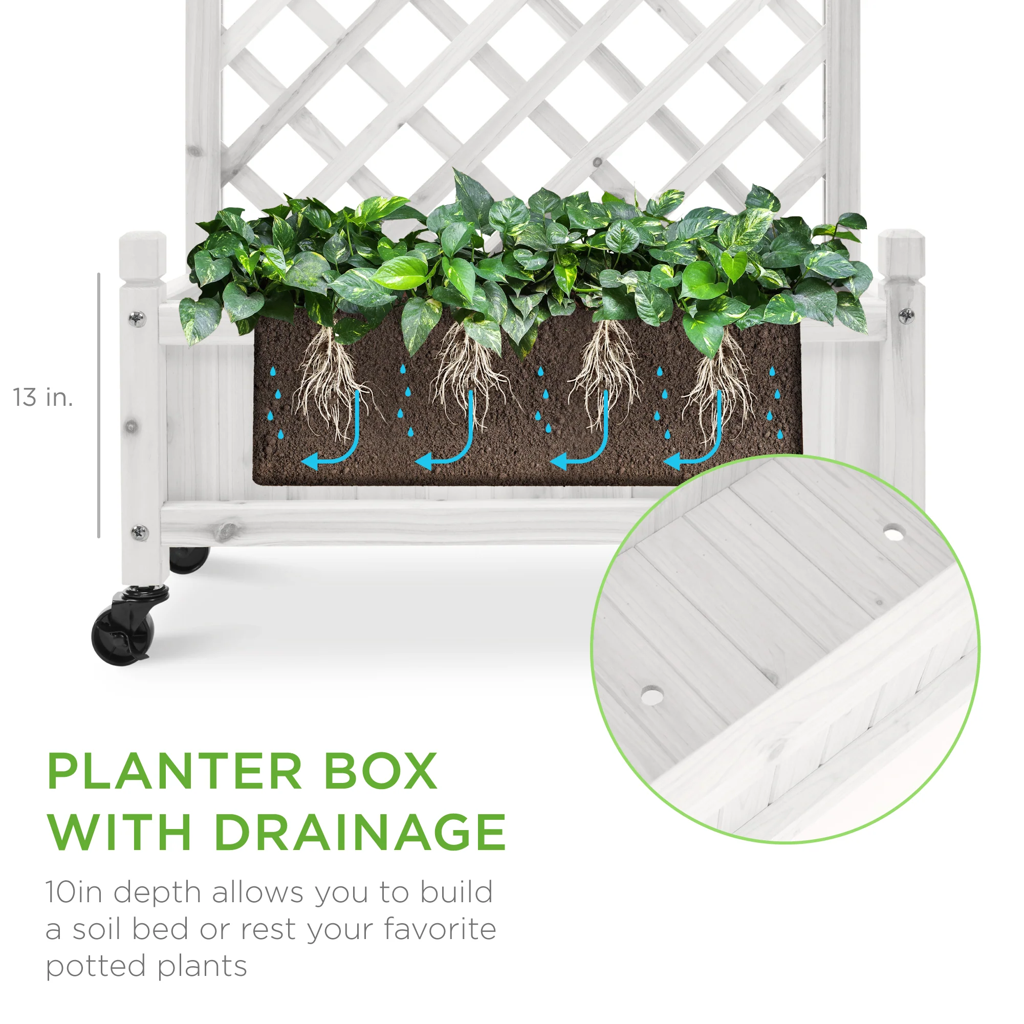 Set of 2 Wood Planter Box & Lattice Trellis w/ Optional Wheels - 48in - Image 17