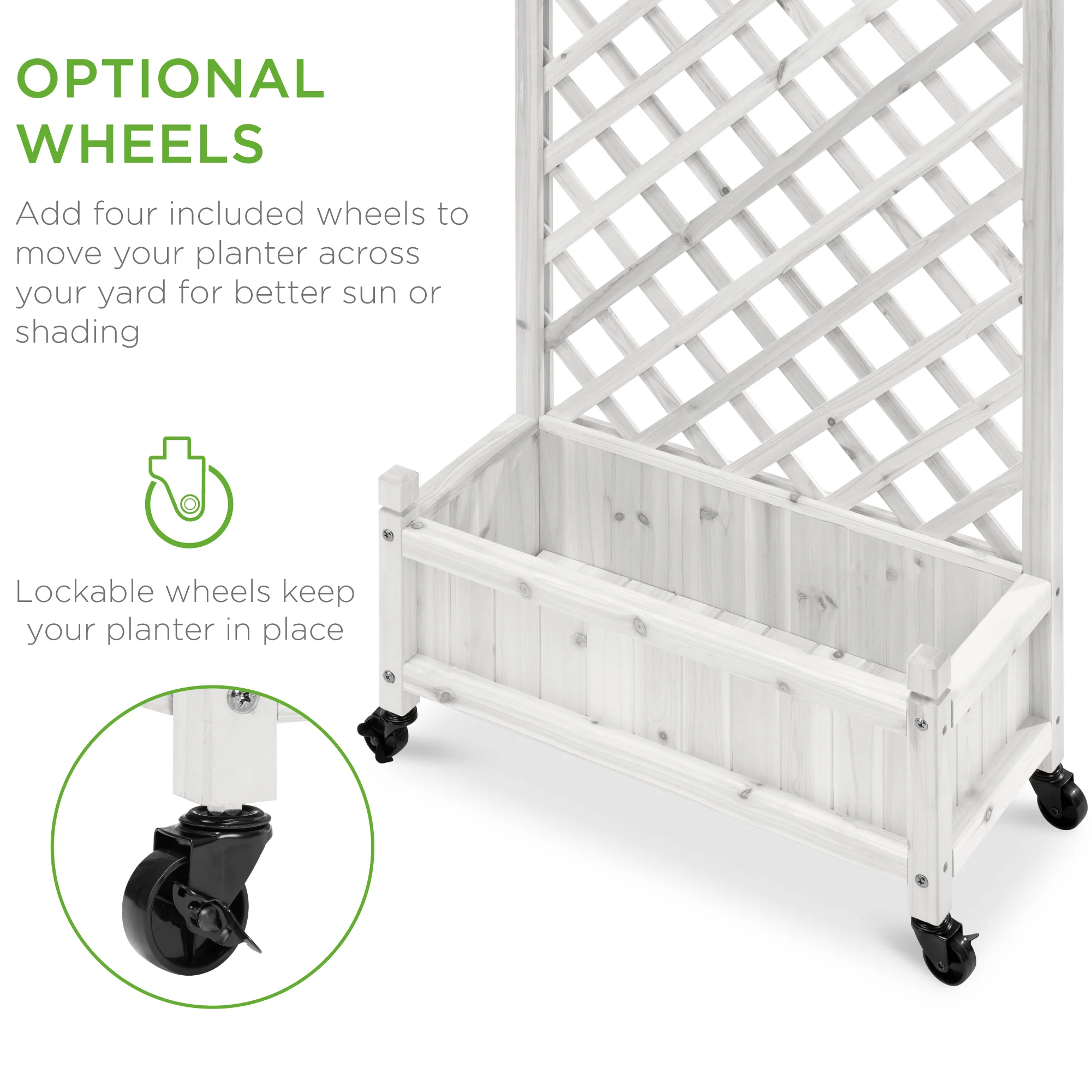 Set of 2 Wood Planter Box & Lattice Trellis w/ Optional Wheels - 48in - Image 18