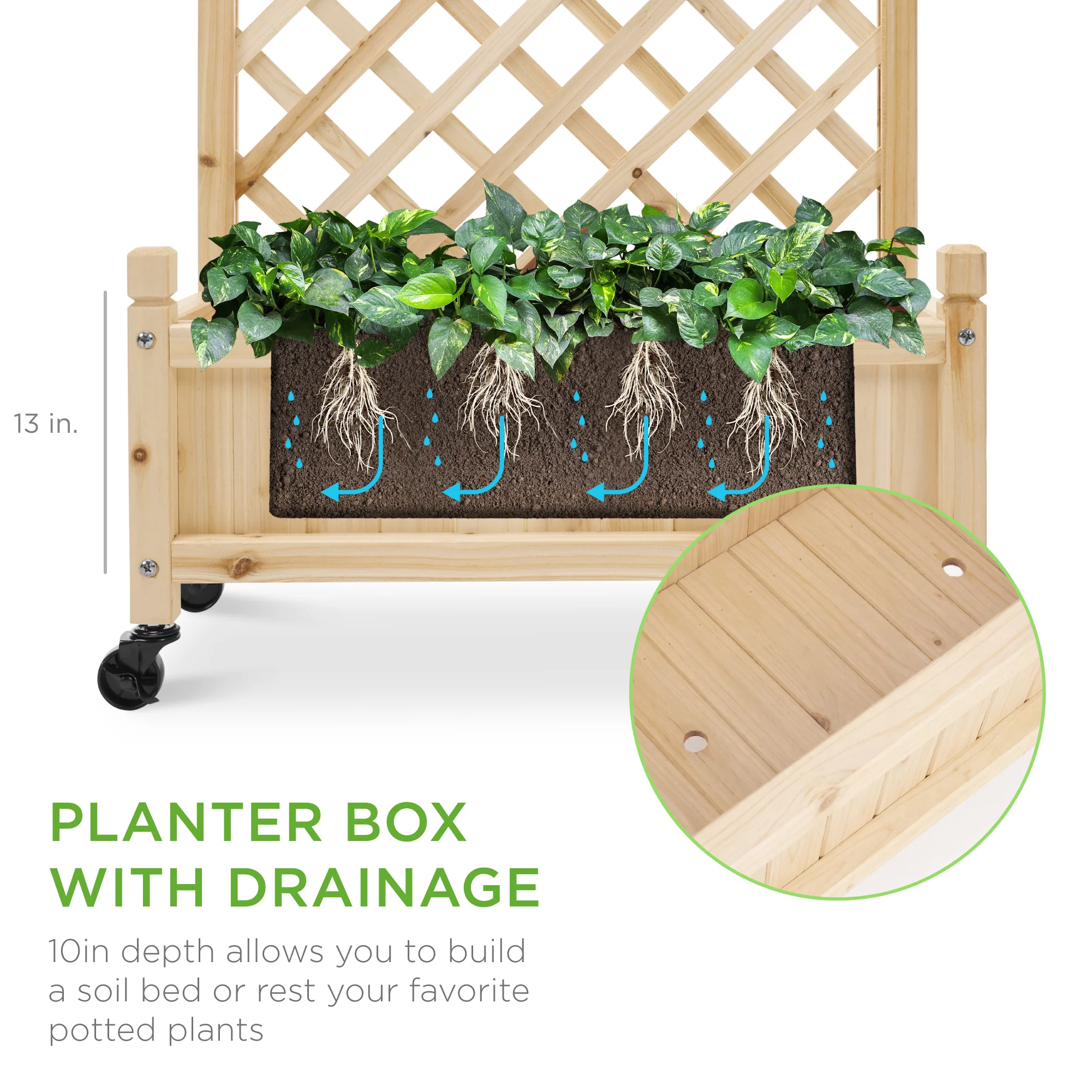 Set of 2 Wood Planter Box & Lattice Trellis w/ Optional Wheels - 48in - Image 3