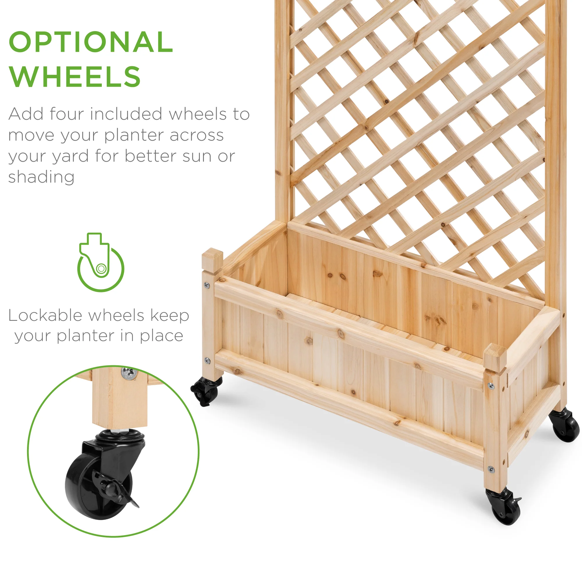 Set of 2 Wood Planter Box & Lattice Trellis w/ Optional Wheels - 48in - Image 4