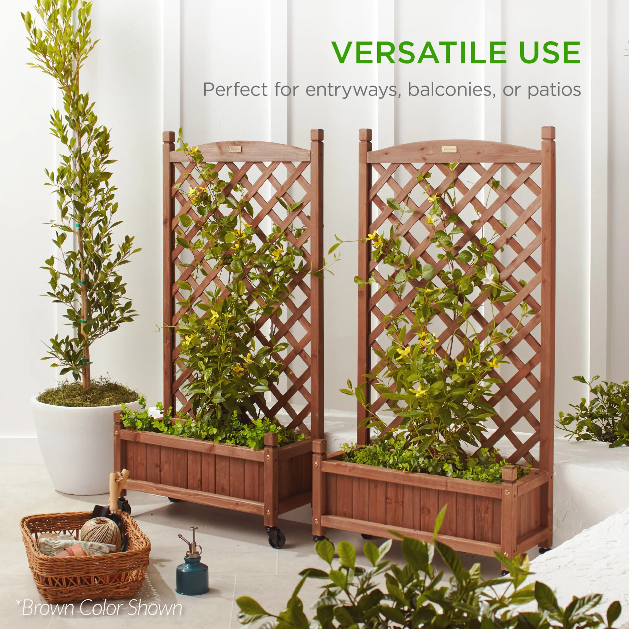 Set of 2 Wood Planter Box & Lattice Trellis w/ Optional Wheels - 48in - Image 6