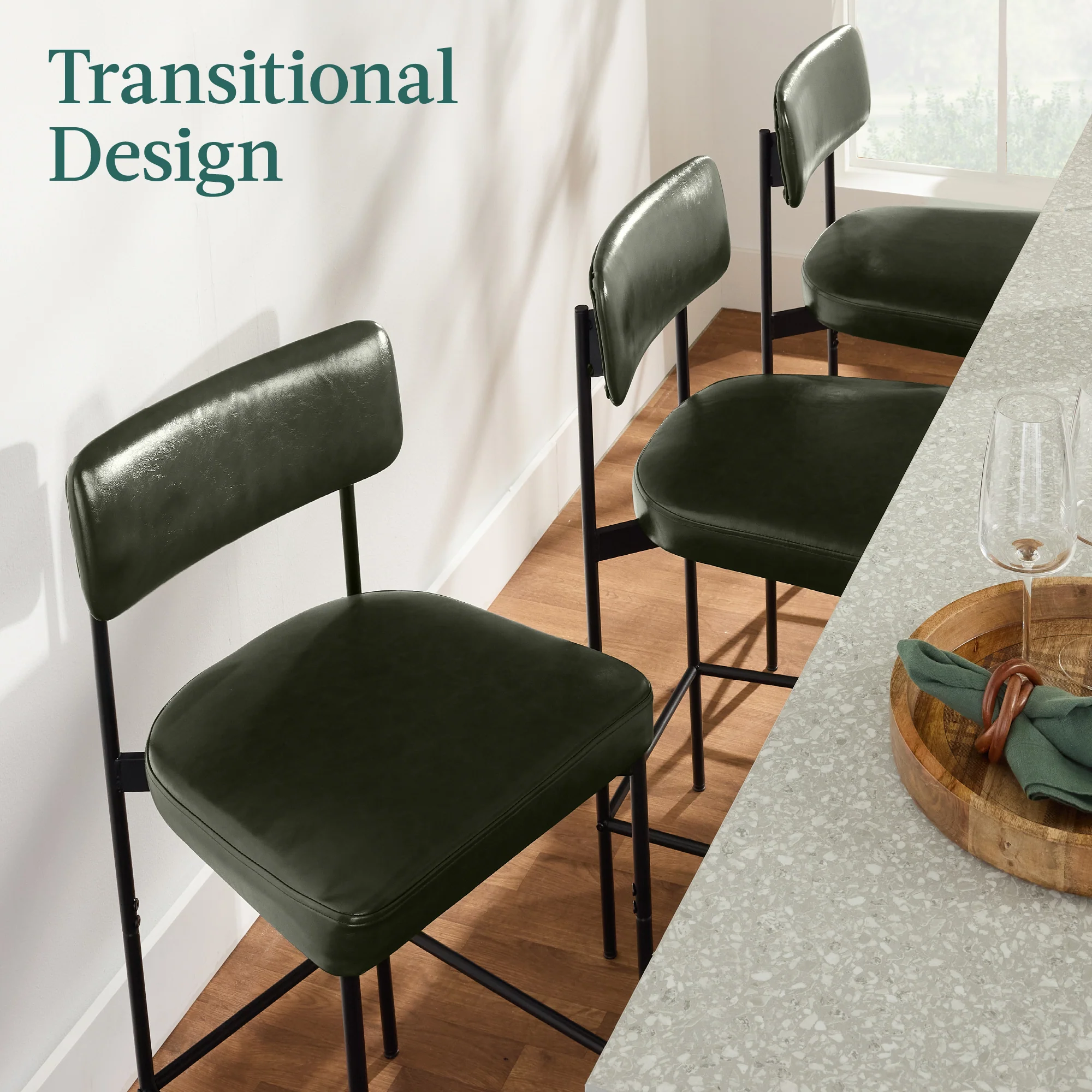 Set of 3 Armless Counter Height Bar Stools, Modern PU Faux Leather Stools - Image 16