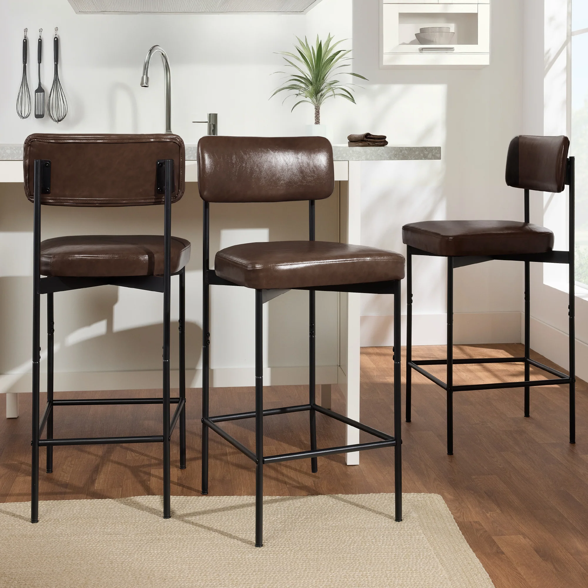 Set of 3 Armless Counter Height Bar Stools, Modern PU Faux Leather Stools - Image 3