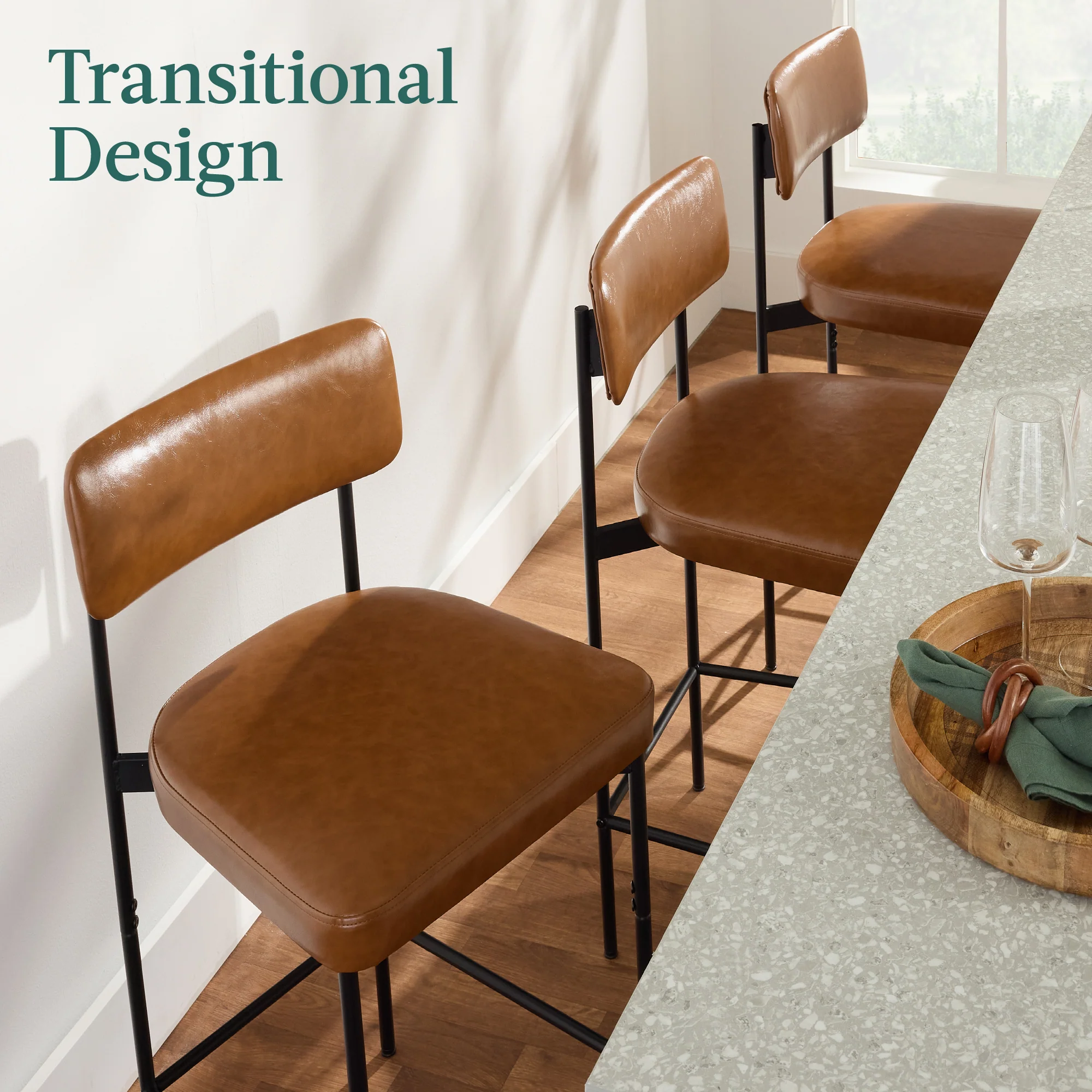 Set of 3 Armless Counter Height Bar Stools, Modern PU Faux Leather Stools - Image 34