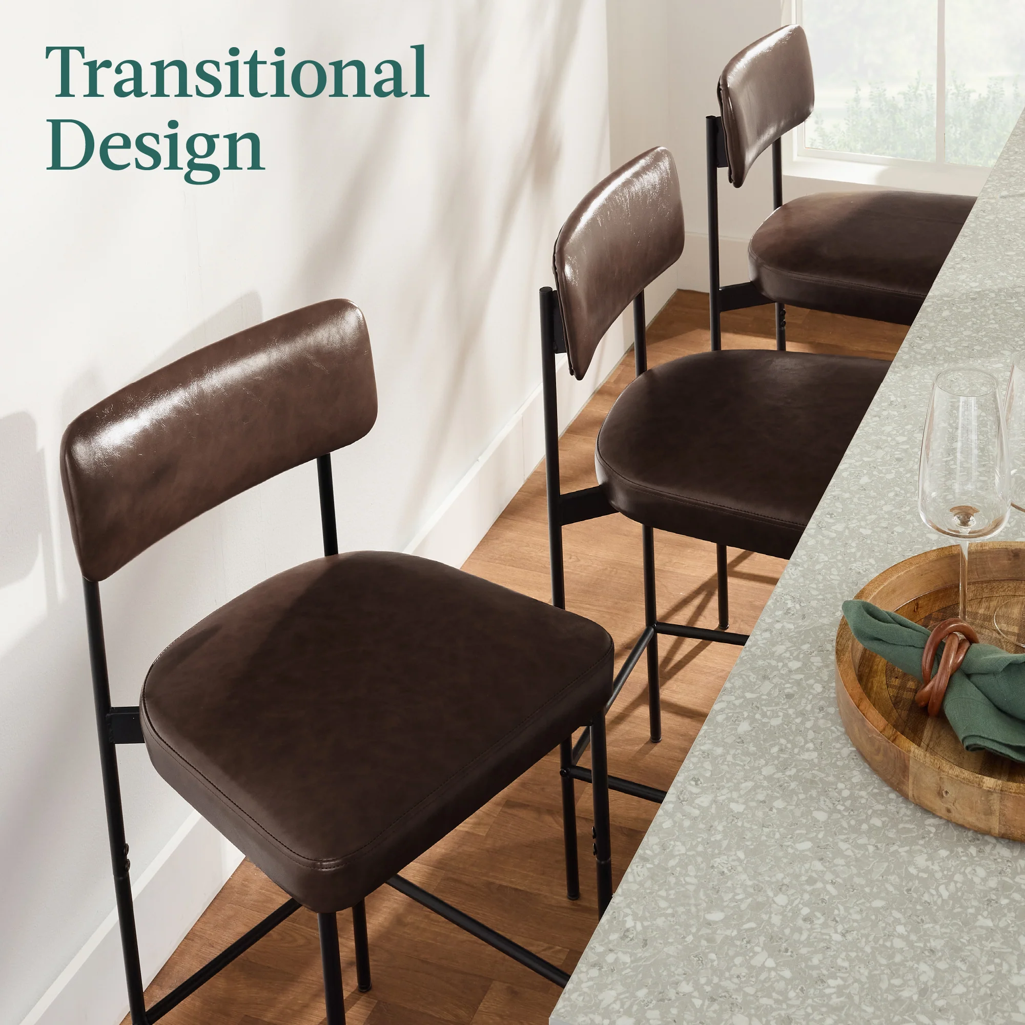 Set of 3 Armless Counter Height Bar Stools, Modern PU Faux Leather Stools - Image 7
