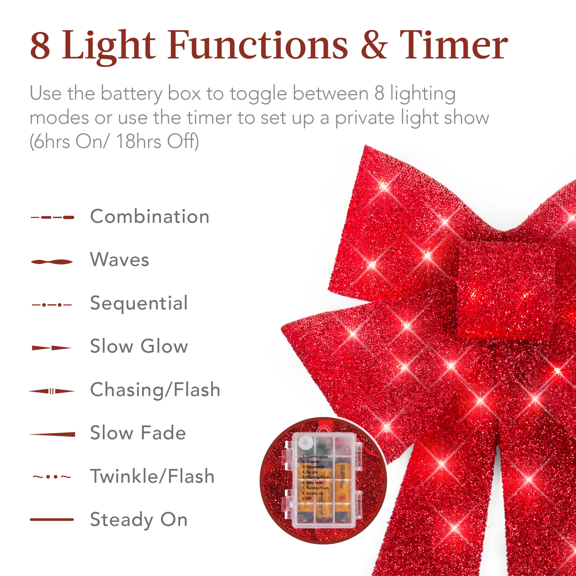Set of 3 Pre-Lit Christmas Bow Decoration, LED Holiday Decor w/ 8 Functions - Image 3