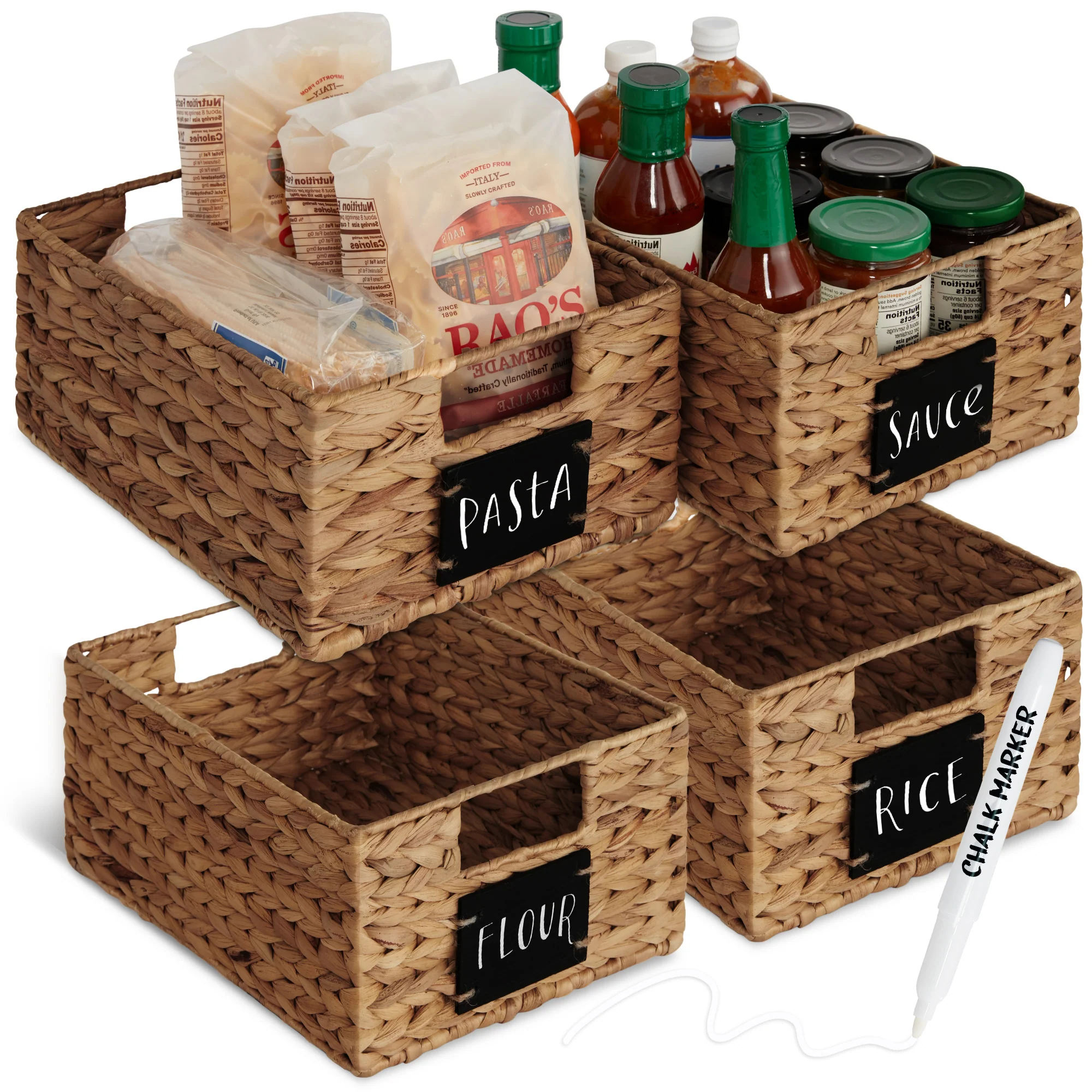 Set of 4 Water Hyacinth Pantry Baskets w/ Chalkboard, Marker - 12in - Image 15