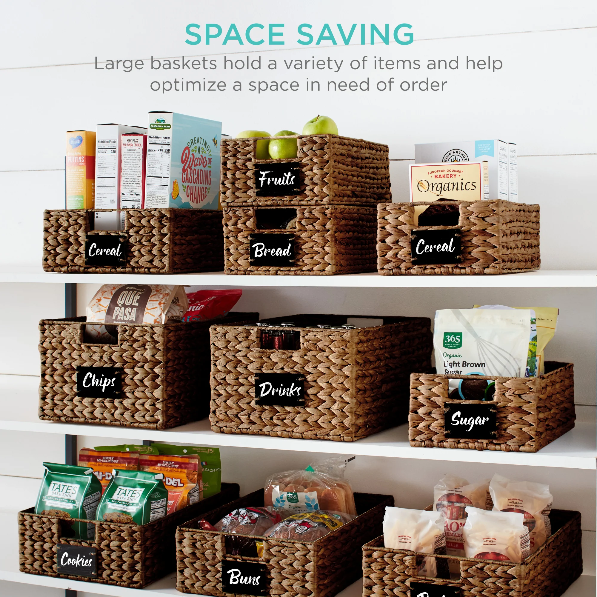 Set of 4 Water Hyacinth Pantry Baskets w/ Chalkboard, Marker - 12in - Image 18