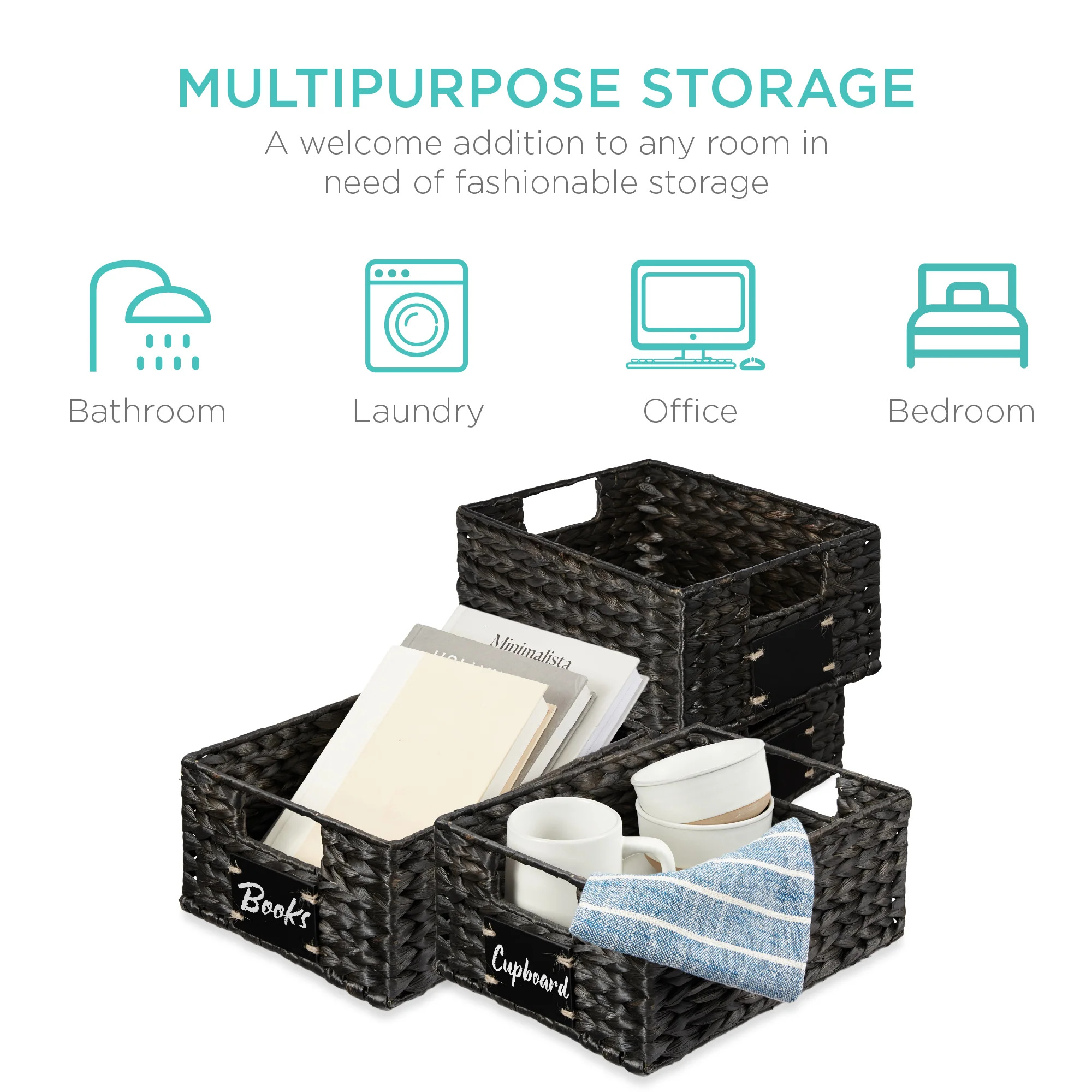 Set of 4 Water Hyacinth Pantry Baskets w/ Chalkboard, Marker - 12in - Image 27