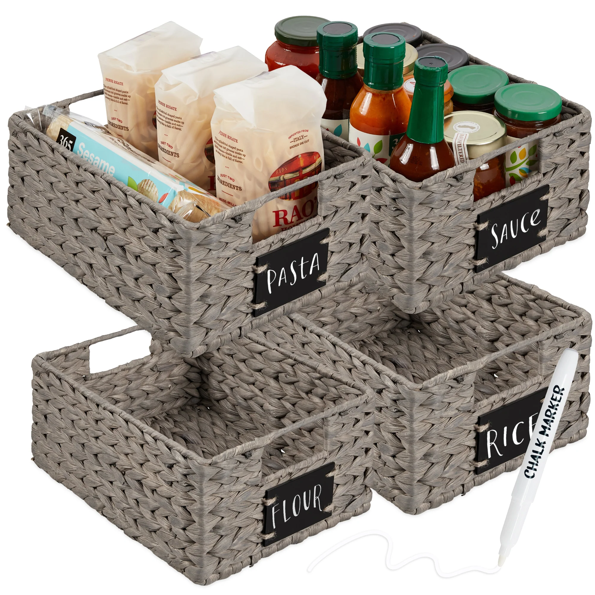 Set of 4 Water Hyacinth Pantry Baskets w/ Chalkboard, Marker - 12in - Image 29