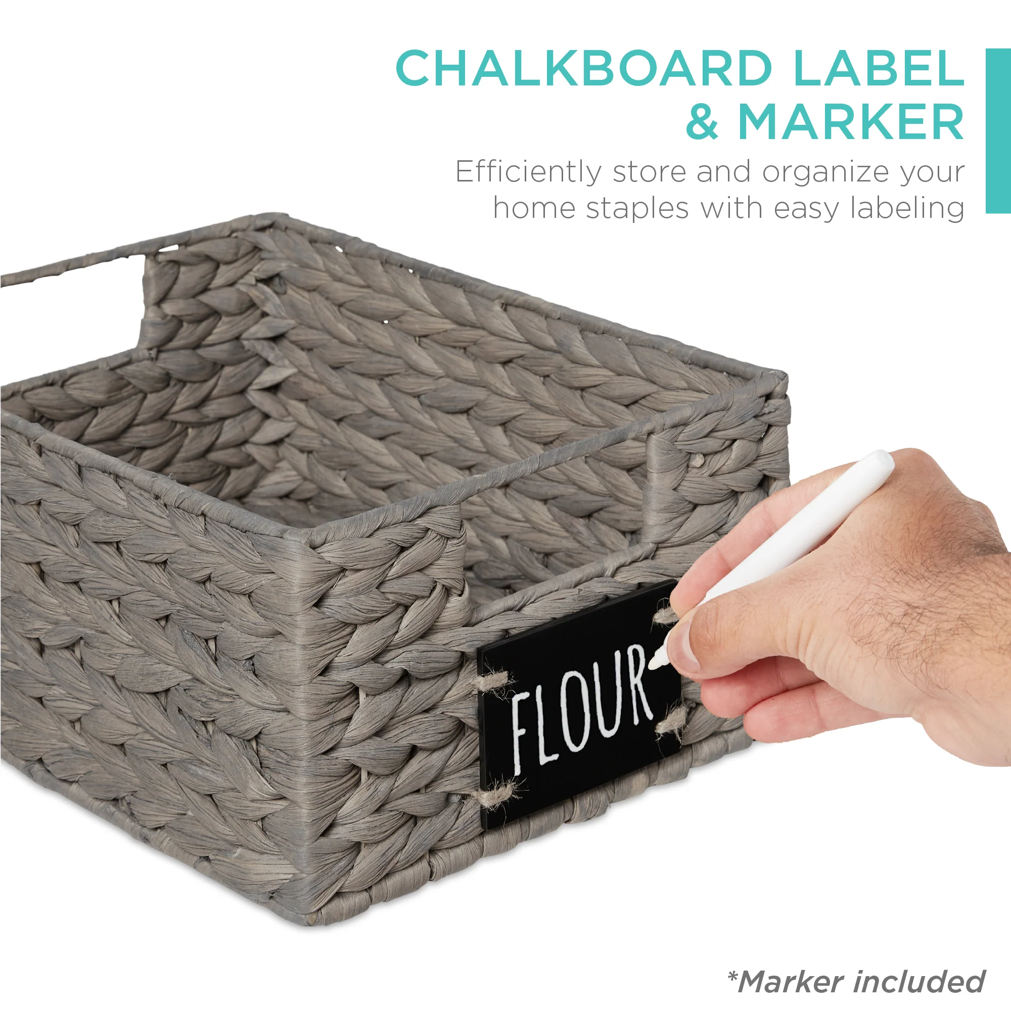 Set of 4 Water Hyacinth Pantry Baskets w/ Chalkboard, Marker - 12in - Image 30