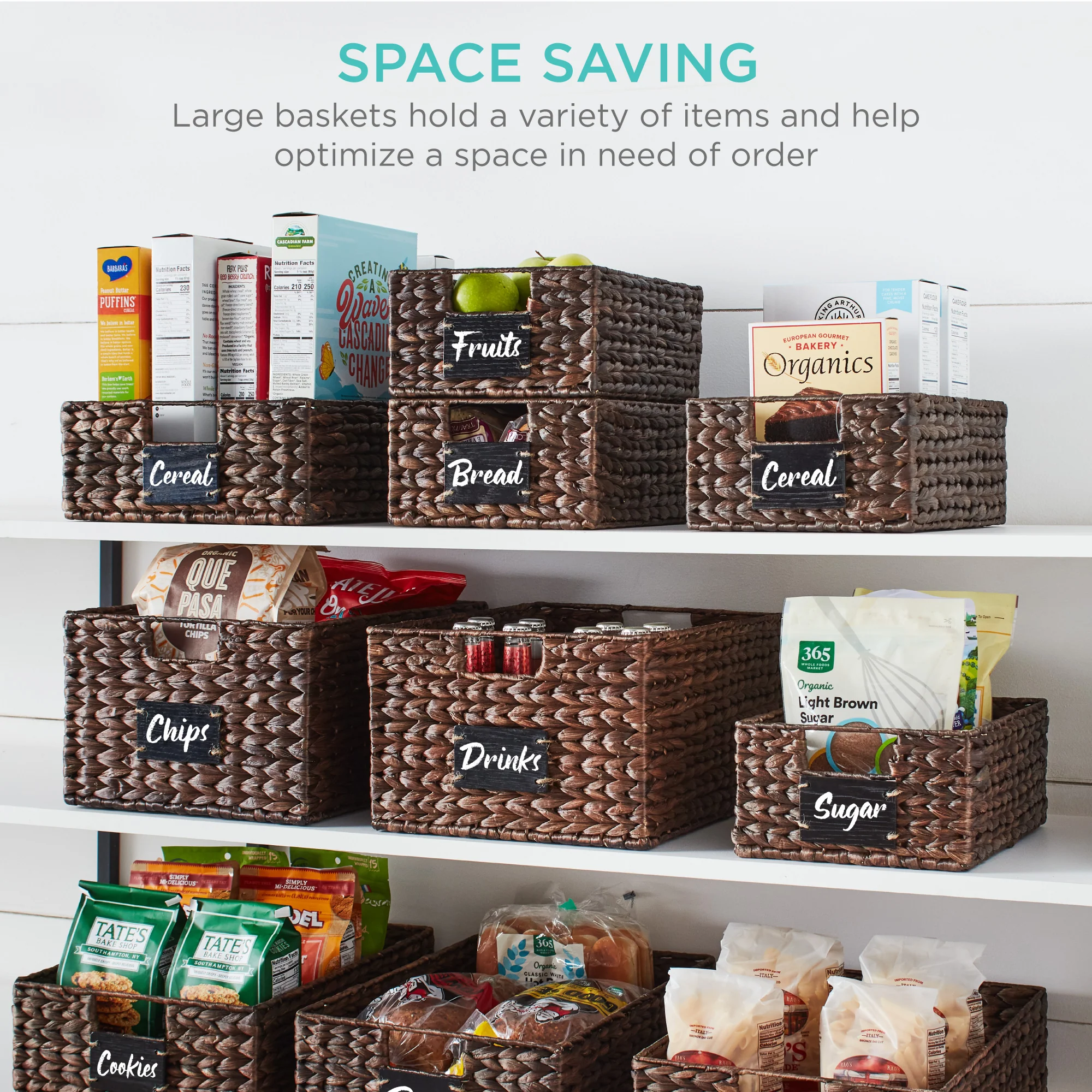 Set of 4 Water Hyacinth Pantry Baskets w/ Chalkboard, Marker - 12in - Image 39