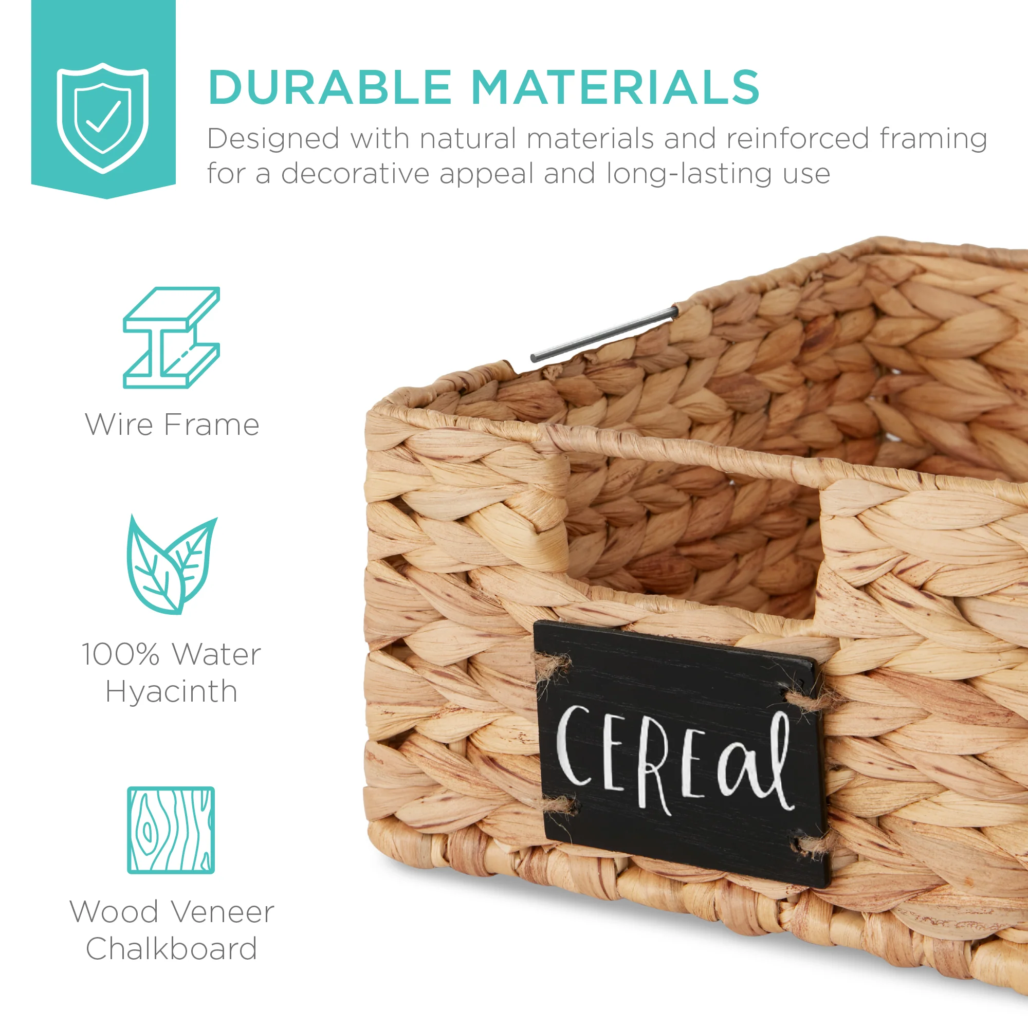 Set of 4 Water Hyacinth Pantry Baskets w/ Chalkboard, Marker - 12in - Image 5