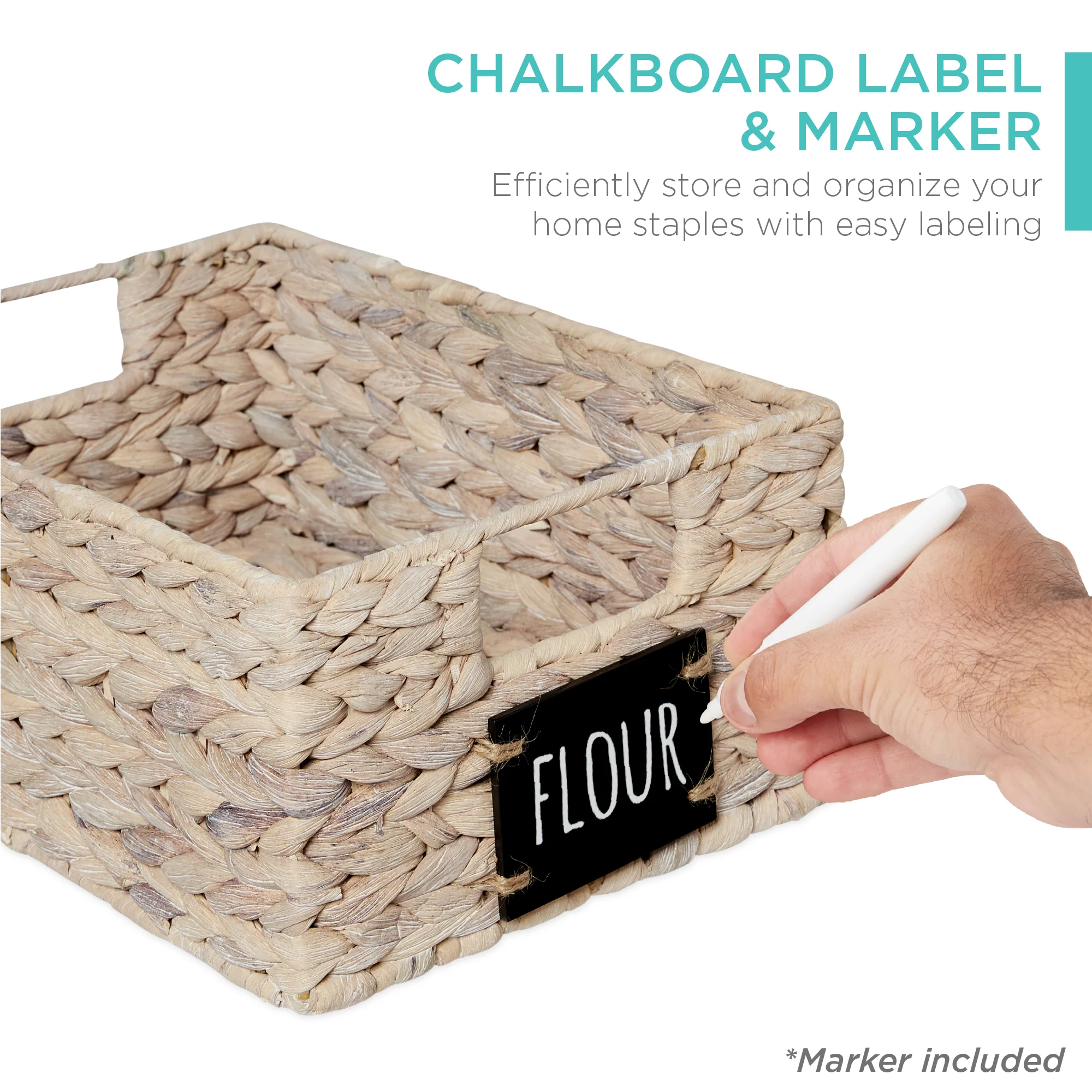 Set of 4 Water Hyacinth Pantry Baskets w/ Chalkboard, Marker - 12in - Image 9