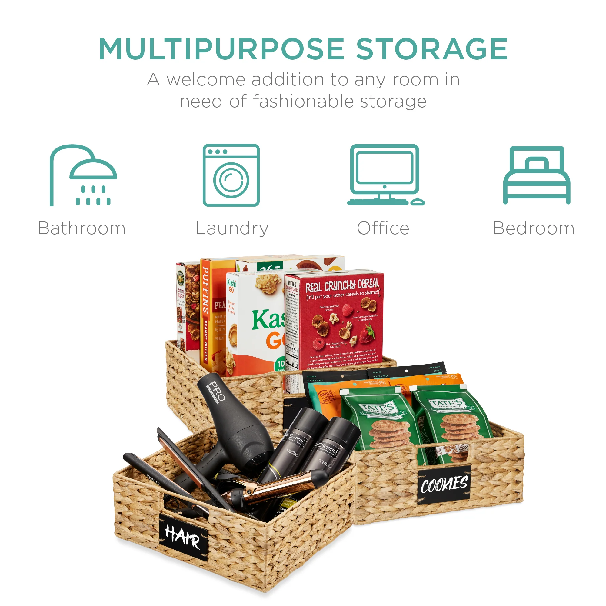 Set of 4 Water Hyacinth Pantry Baskets w/ Chalkboard, Marker - 13in - Image 20