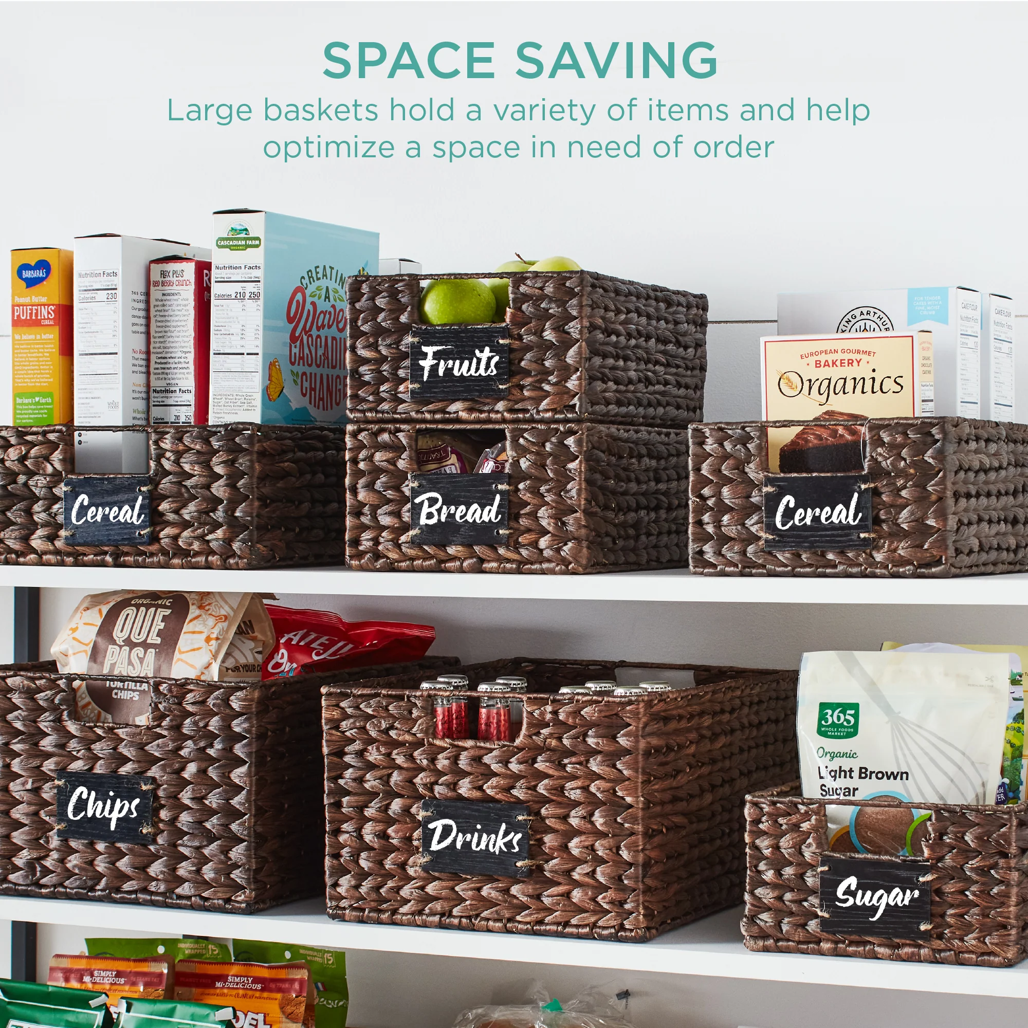 Set of 4 Water Hyacinth Pantry Baskets w/ Chalkboard, Marker - 13in - Image 39