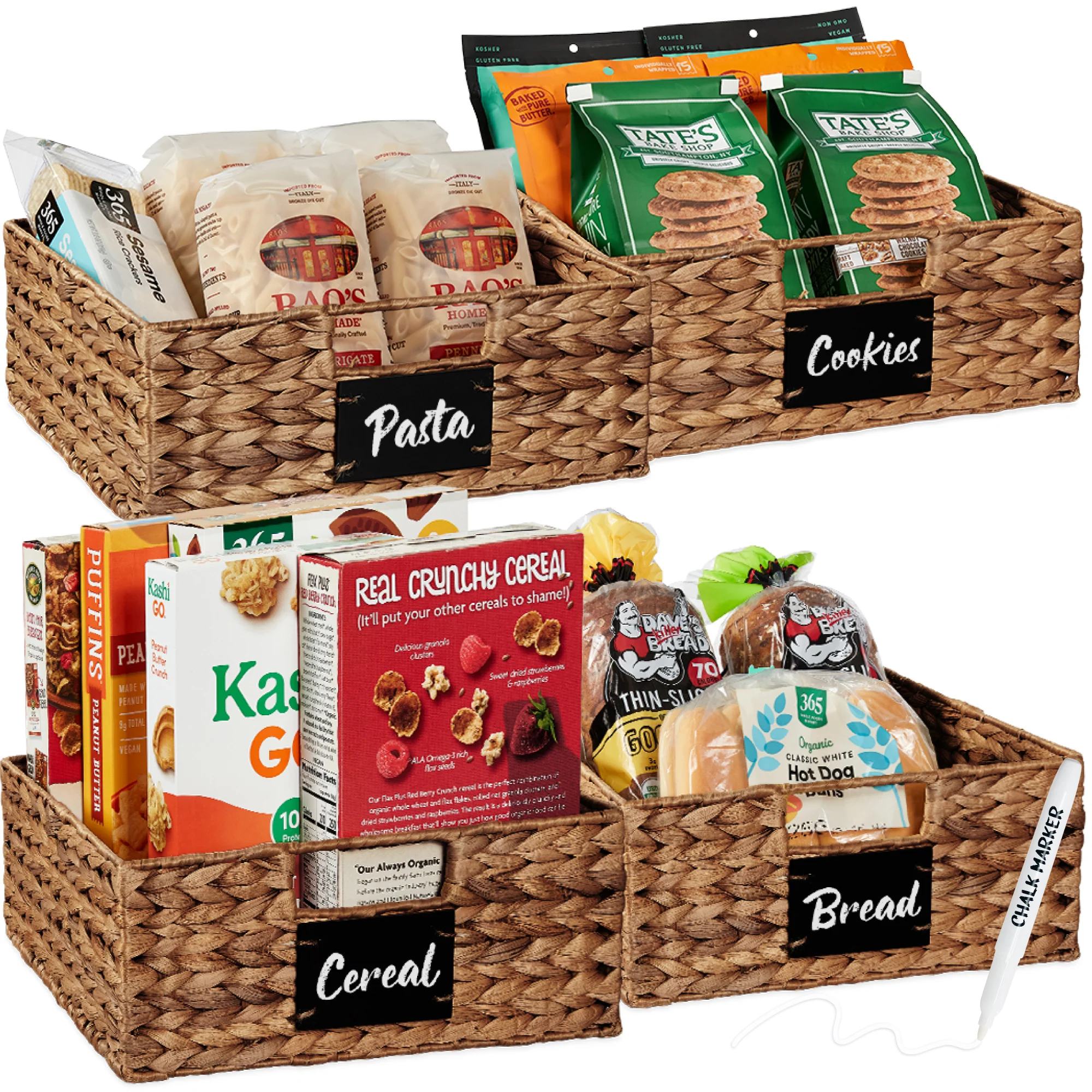 Set of 4 Water Hyacinth Pantry Baskets w/ Chalkboard, Marker - 13in - Image 8