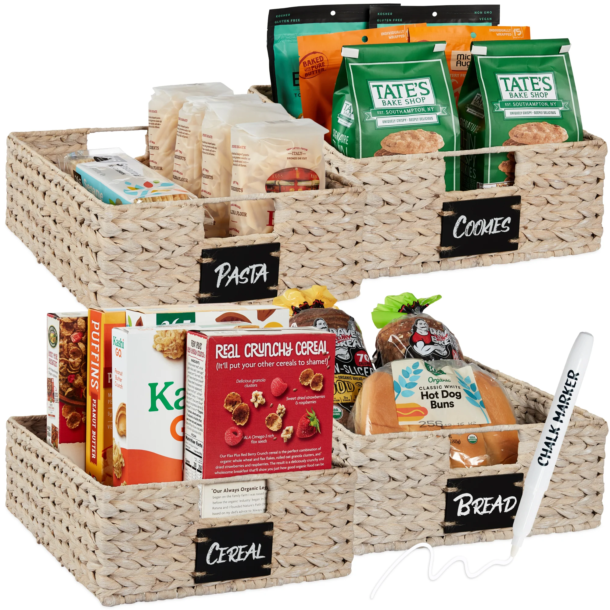 Set of 4 Water Hyacinth Pantry Baskets w/ Chalkboard, Chalk Marker - Image 15