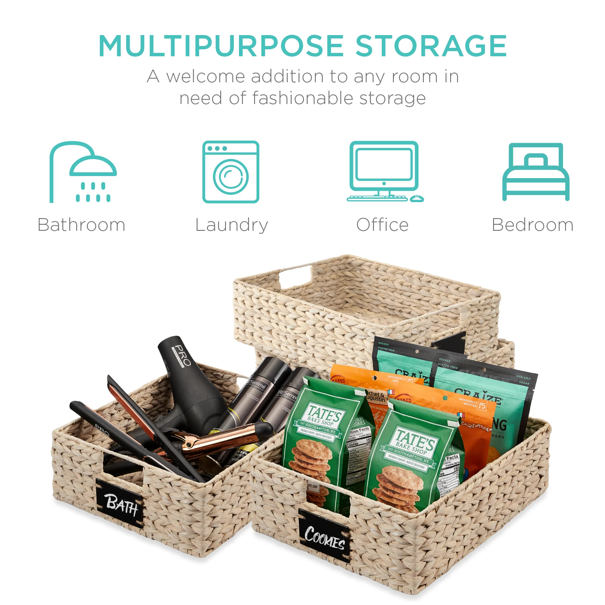 Set of 4 Water Hyacinth Pantry Baskets w/ Chalkboard, Chalk Marker - Image 20