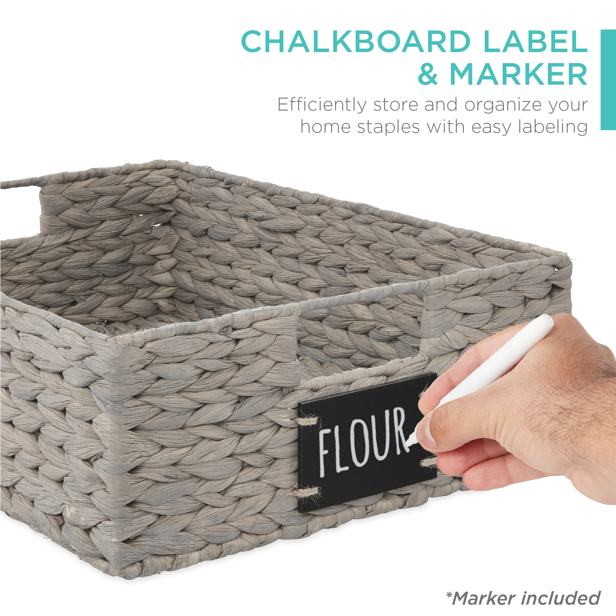 Set of 4 Water Hyacinth Pantry Baskets w/ Chalkboard, Chalk Marker - Image 23