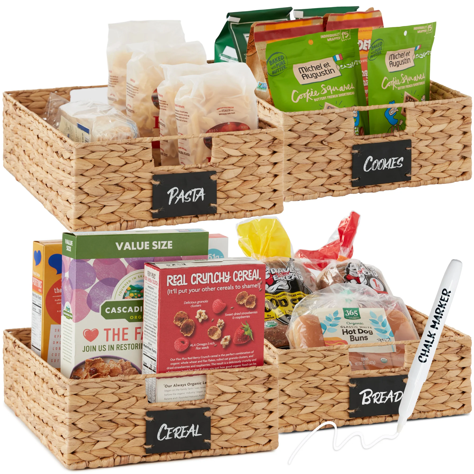 Set of 4 Water Hyacinth Pantry Baskets w/ Chalkboard, Chalk Marker - Image 29