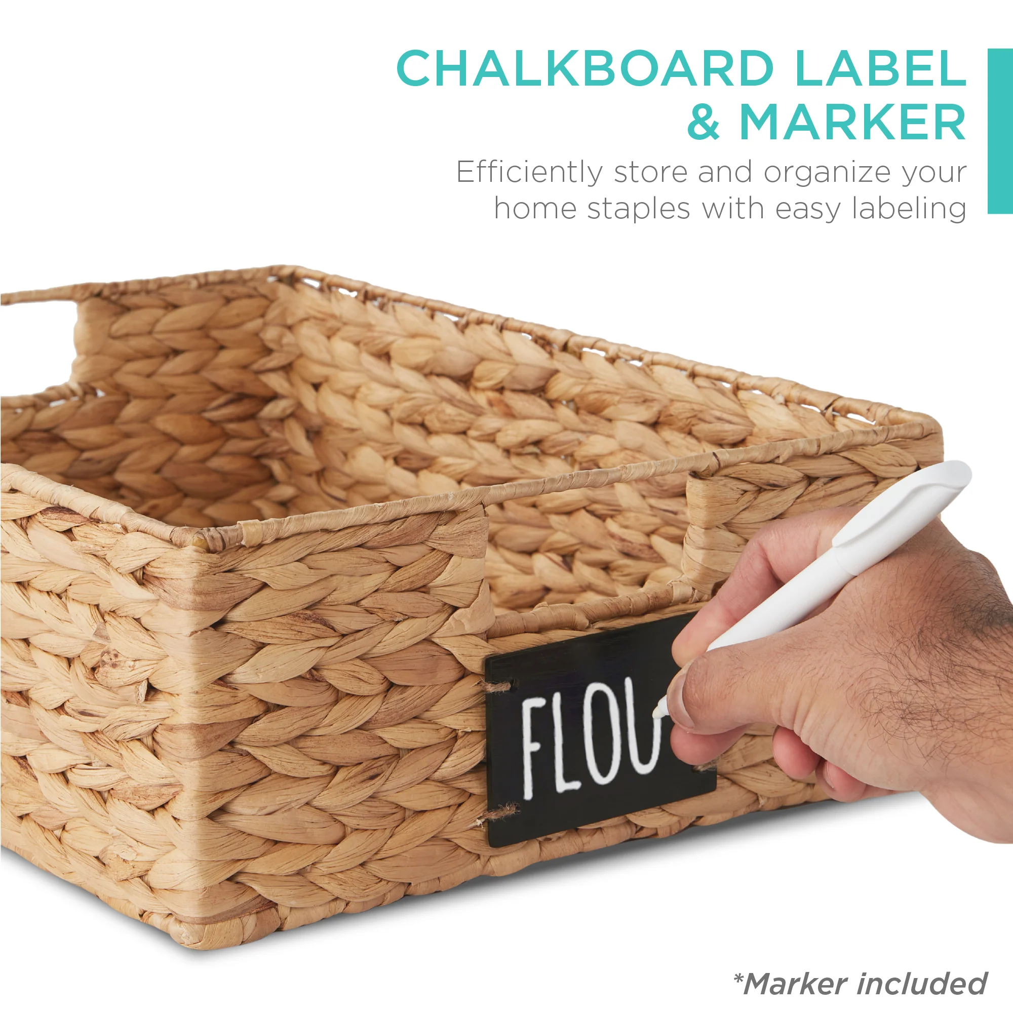Set of 4 Water Hyacinth Pantry Baskets w/ Chalkboard, Chalk Marker - Image 30