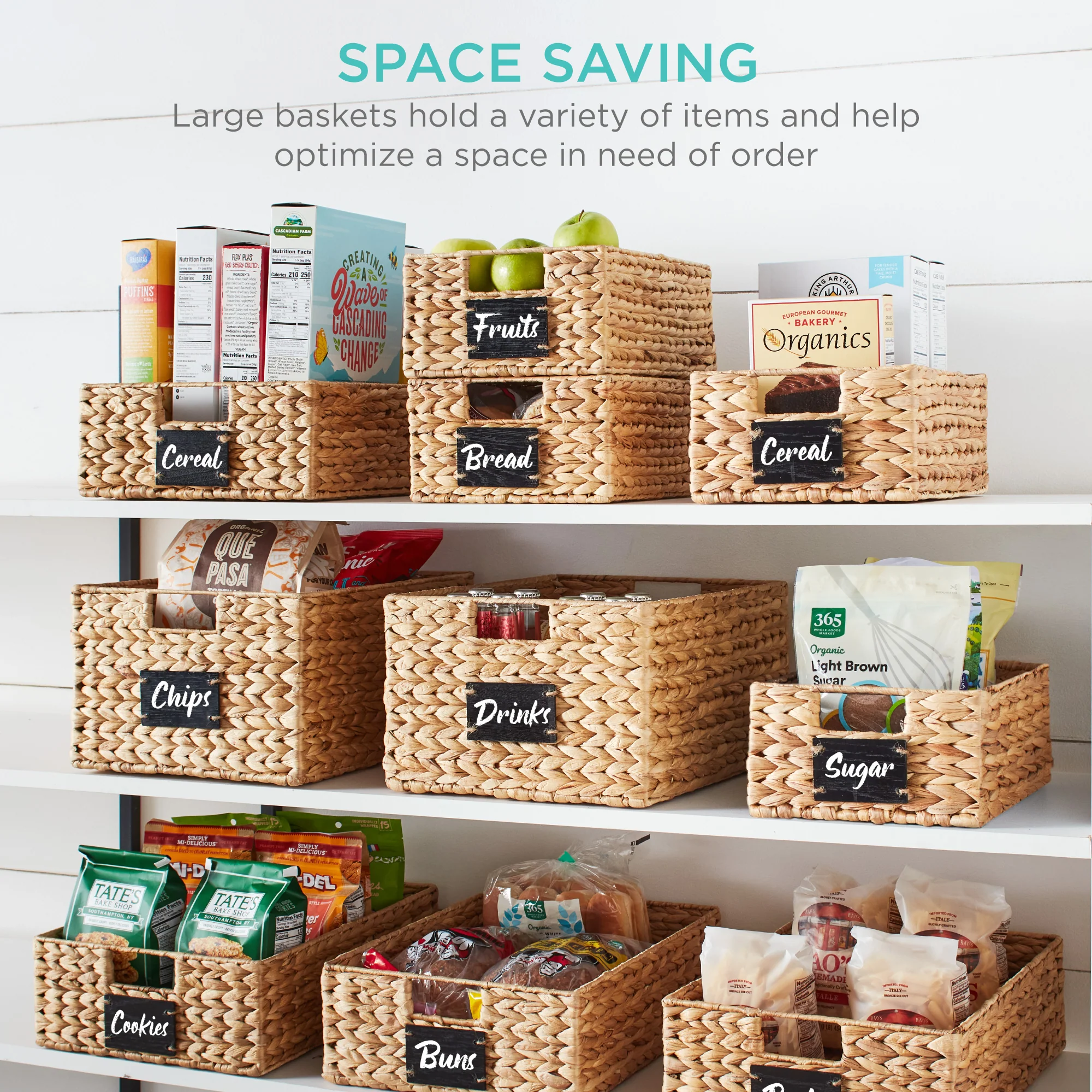 Set of 4 Water Hyacinth Pantry Baskets w/ Chalkboard, Chalk Marker - Image 32