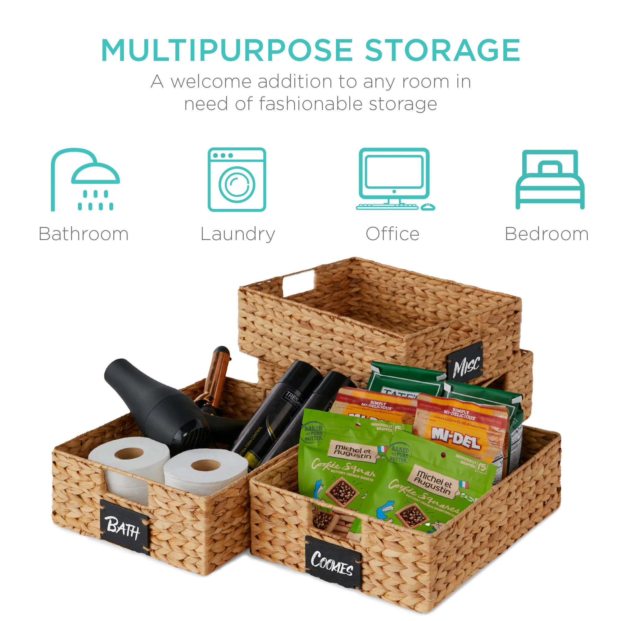 Set of 4 Water Hyacinth Pantry Baskets w/ Chalkboard, Chalk Marker - Image 34