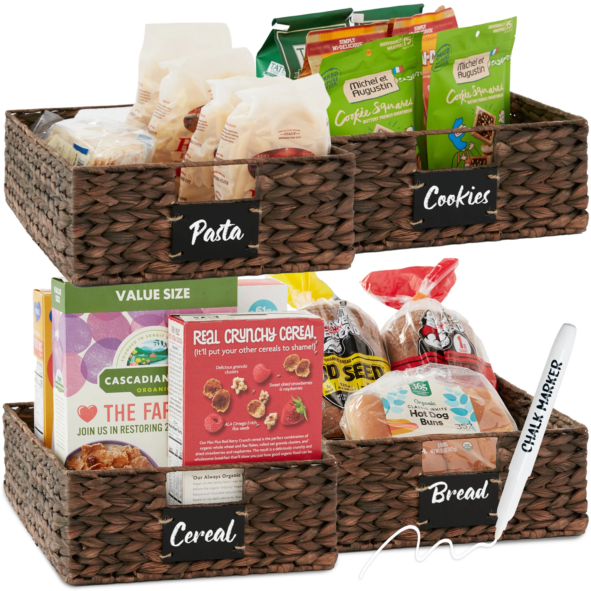 Set of 4 Water Hyacinth Pantry Baskets w/ Chalkboard, Chalk Marker - Image 36
