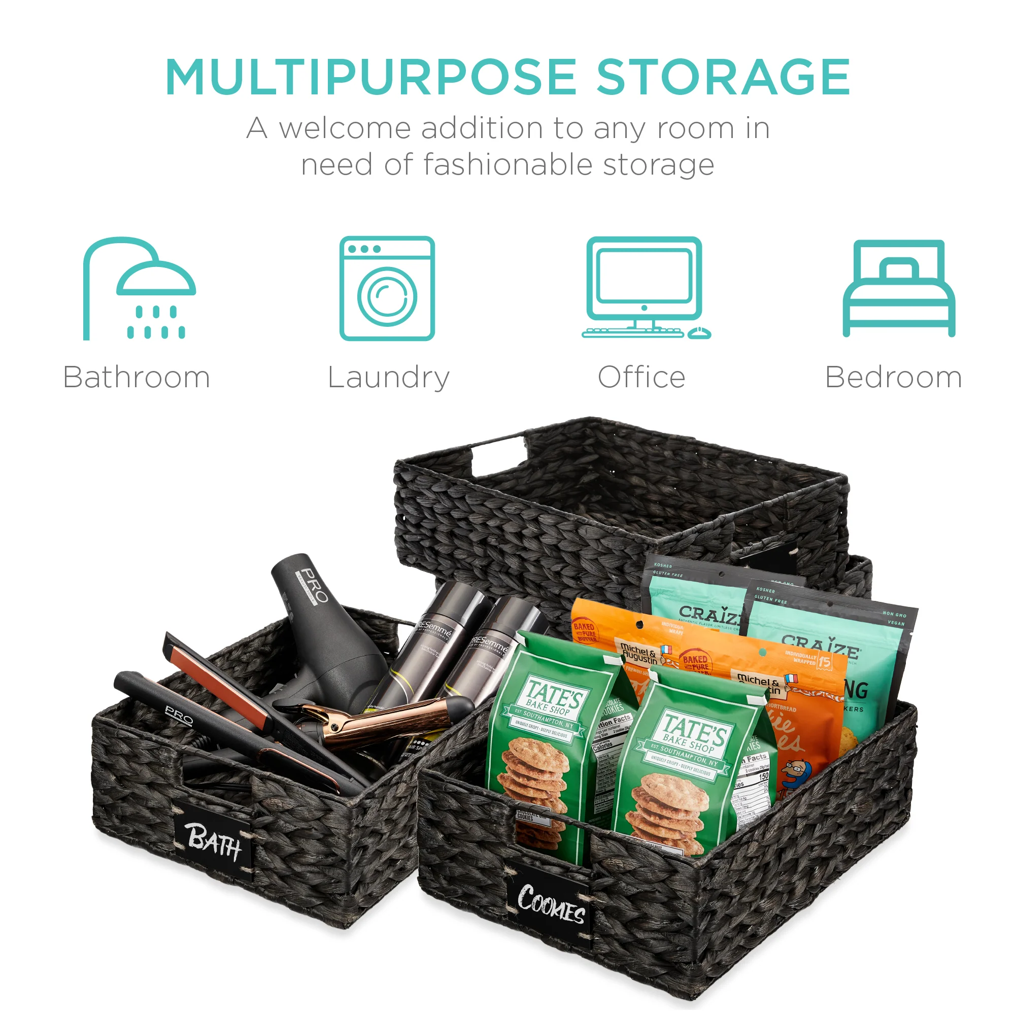 Set of 4 Water Hyacinth Pantry Baskets w/ Chalkboard, Chalk Marker - Image 6