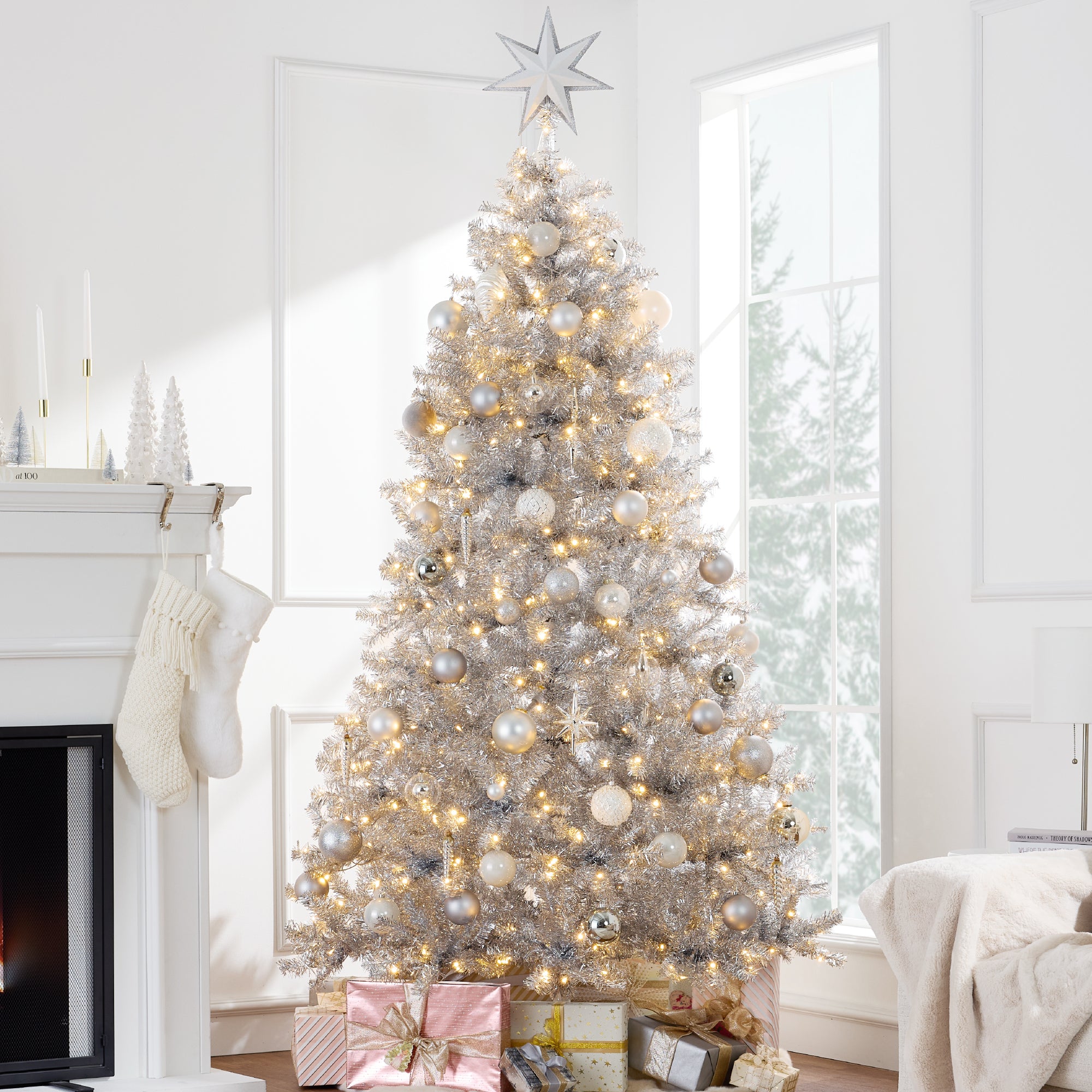 Prelit Silver Artificial Tinsel Christmas Tree w/ Foldable Stand - Image 15
