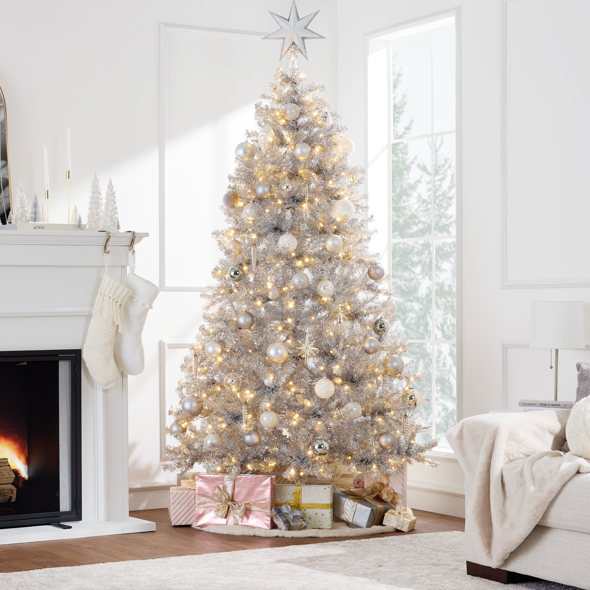 Prelit Silver Artificial Tinsel Christmas Tree w/ Foldable Stand - Image 16