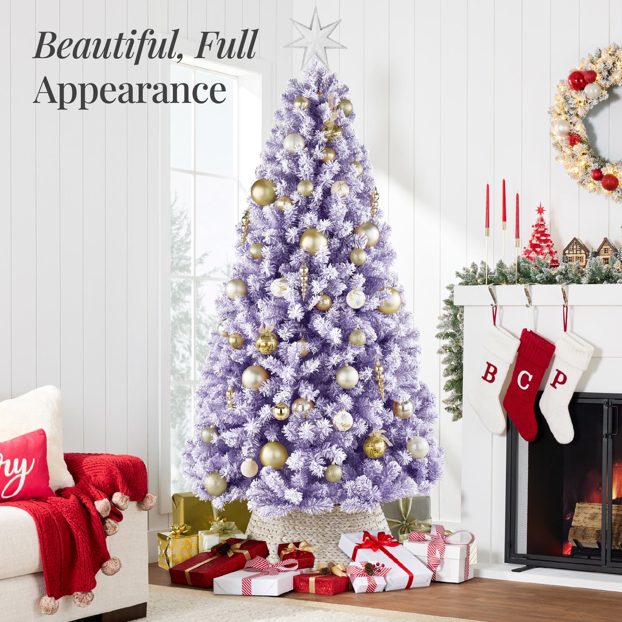 Snow Flocked Colorful Artificial Pine Christmas Tree w/ Foldable Metal Base - Image 13