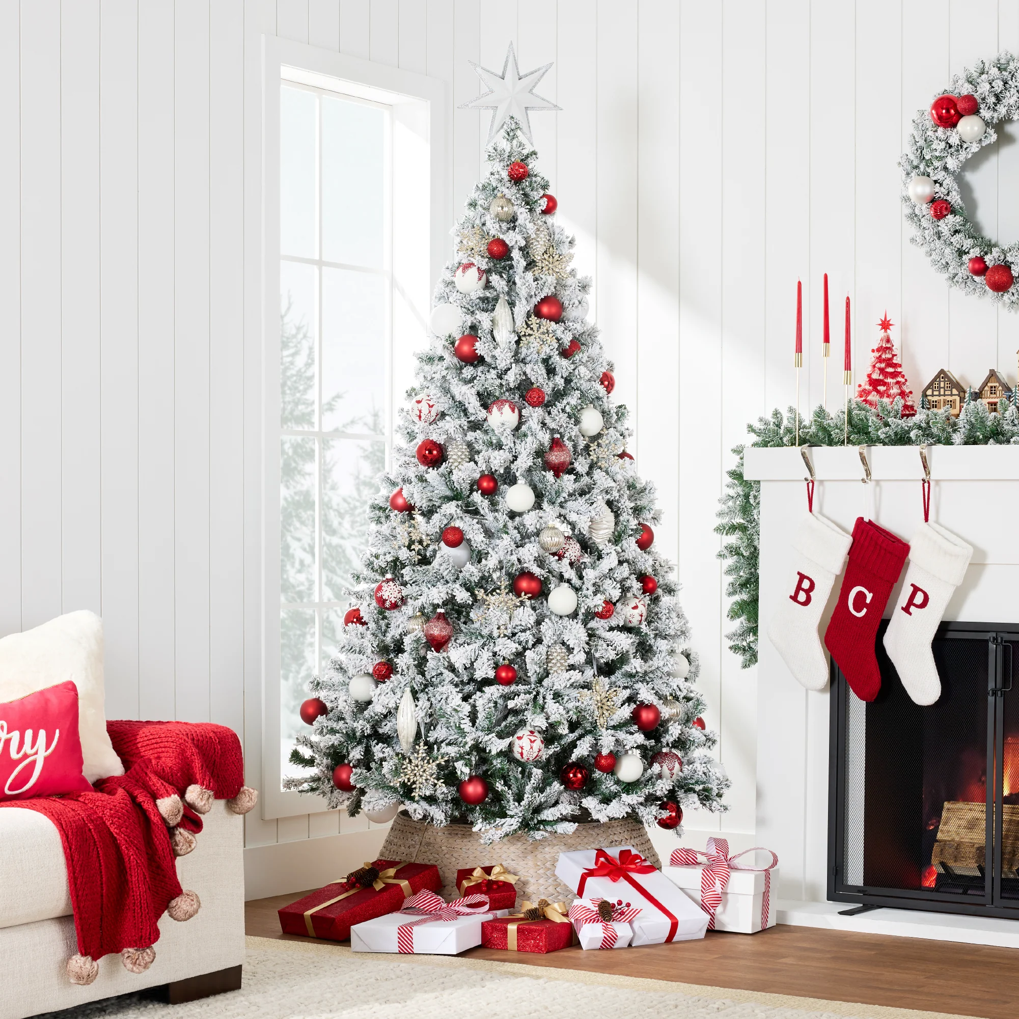 Snow Flocked Artificial Pine Christmas Tree w/ Foldable Metal Base - Image 10