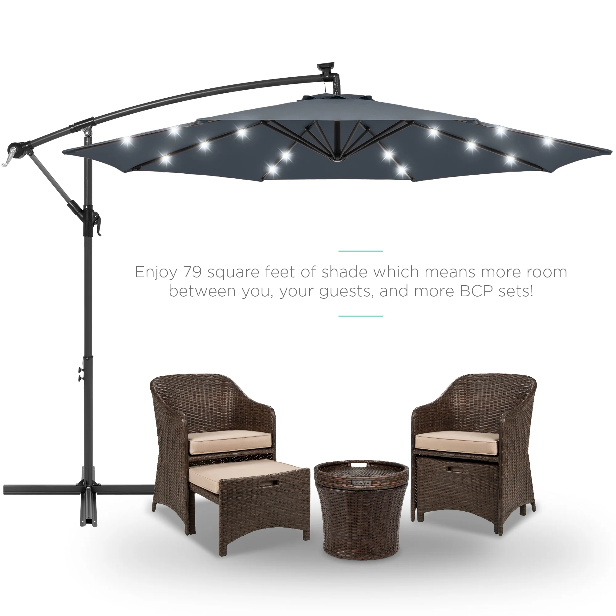 Solar LED Offset Hanging Patio Umbrella w/ Crank Tilt Adjustment - 10ft - Image 148